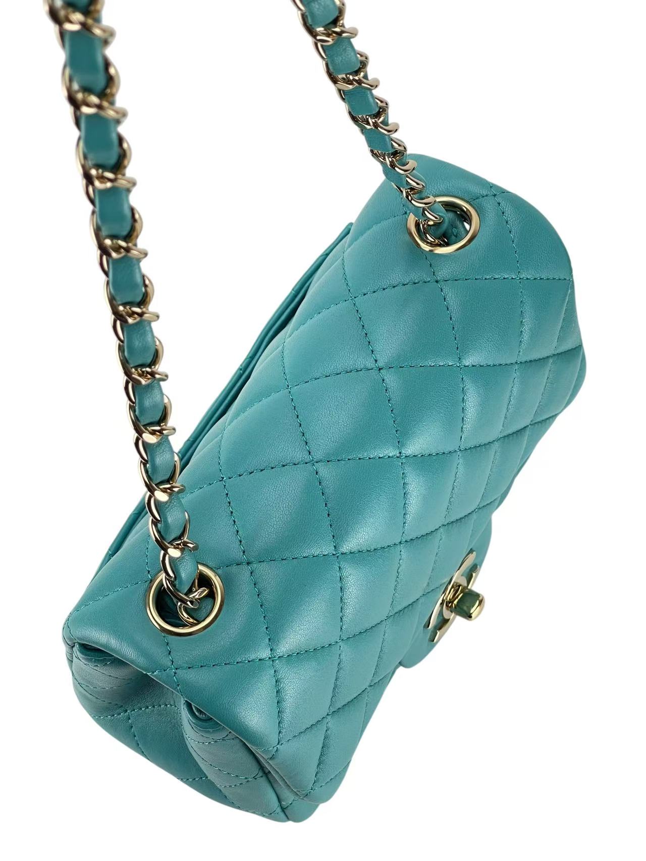 CHANEL - Green Lambskin Mini Classic Square Flap Shoulder Bag 17