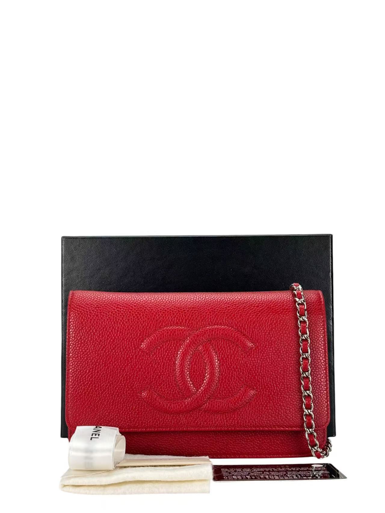 CHANEL - Red Caviar Wallet on Chain Silver-Tone Metal (WOC)