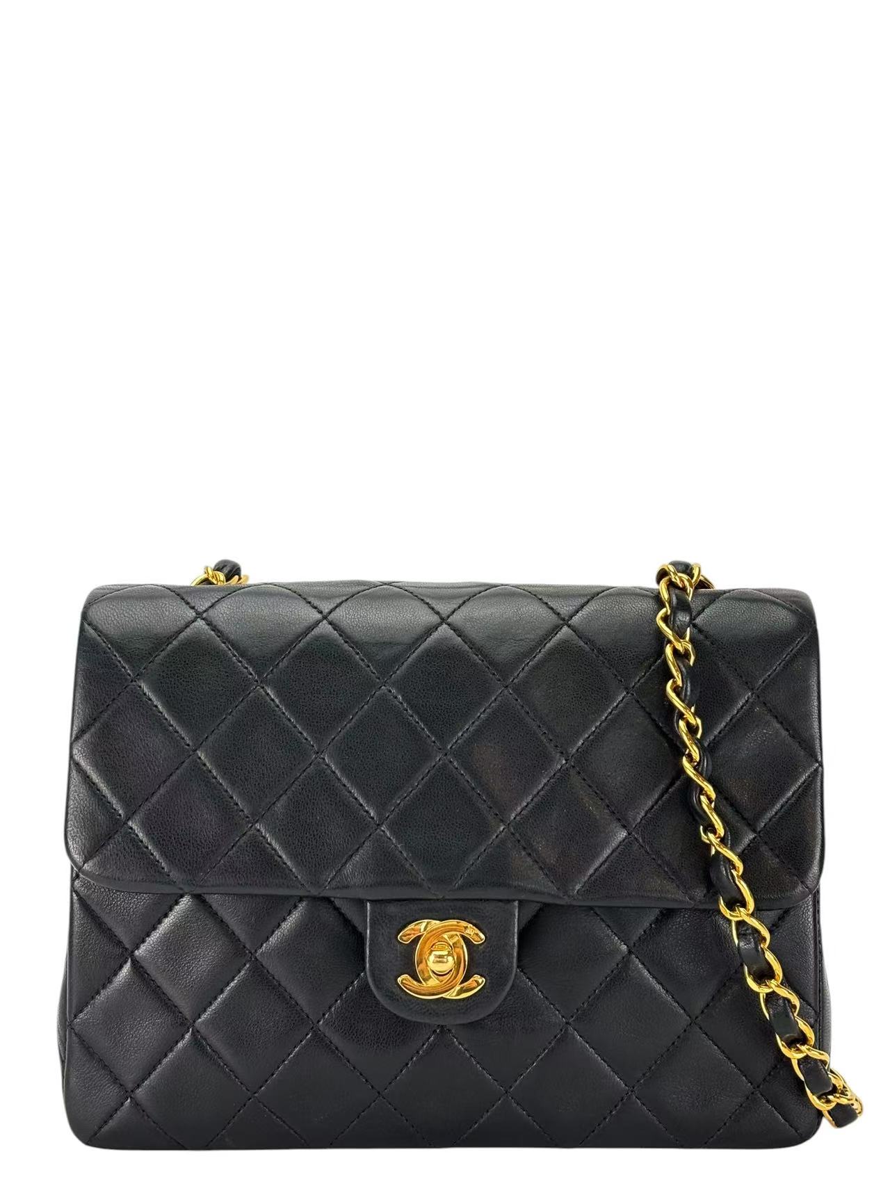 CHANEL - Black Lambskin Mini Classic Square Flap Shoulder Bag 20