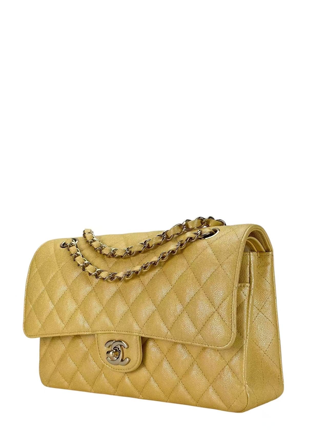 CHANEL - Medium Classic Double Flap Bag Yellow Calfskin Gold Hardware (CF25)