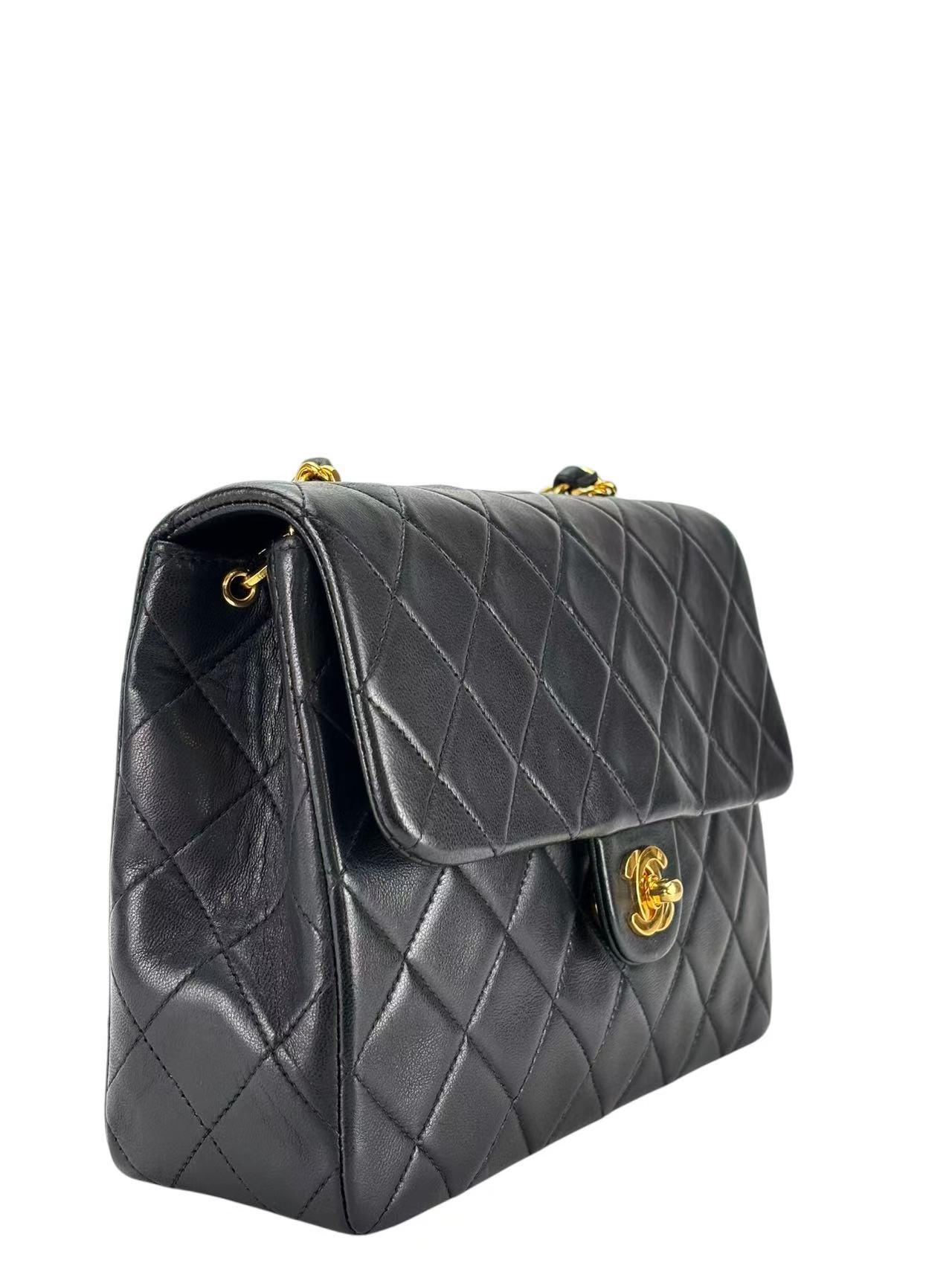 CHANEL - Black Lambskin Mini Classic Square Flap Shoulder Bag 20