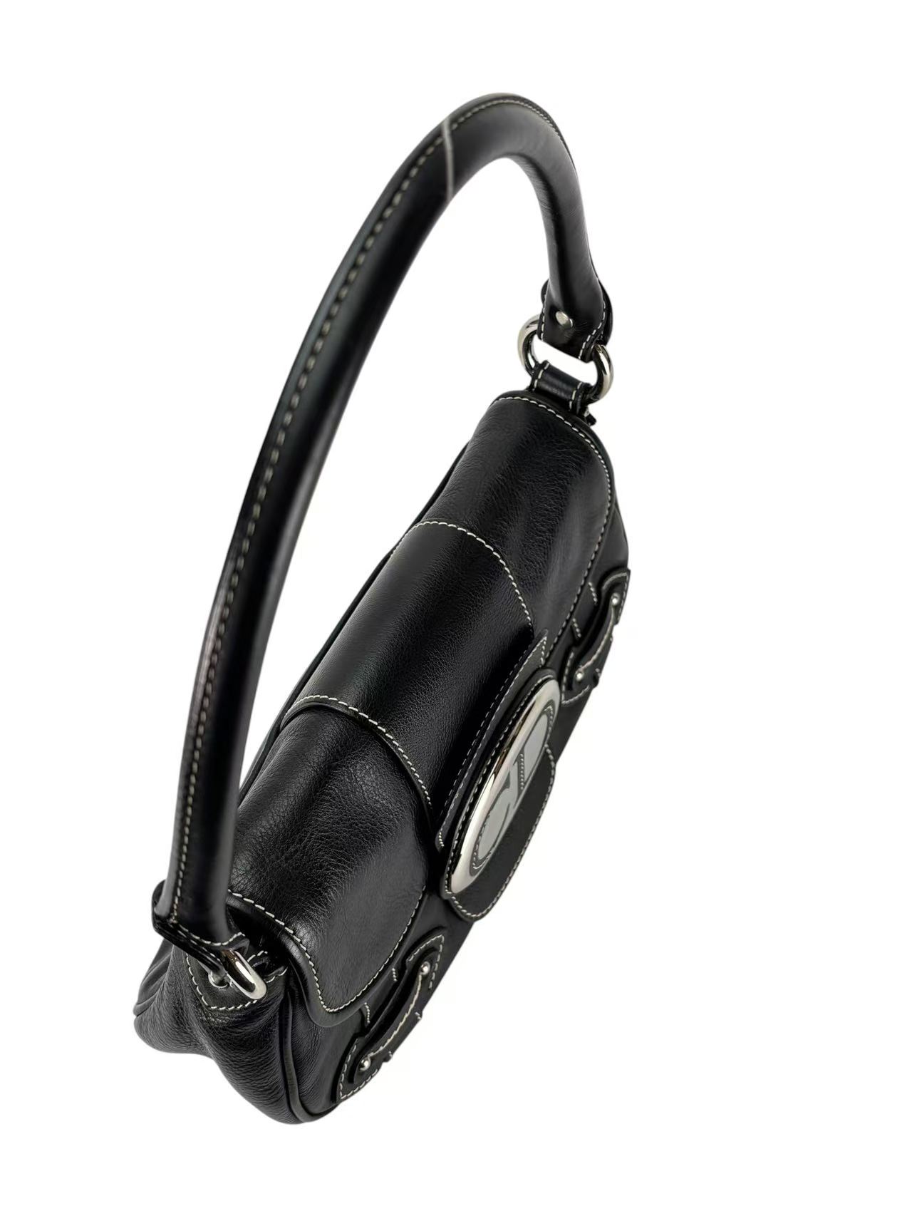 CHRISTIAN DIOR - Black Leather One Shoulder Bag Silver Hardware