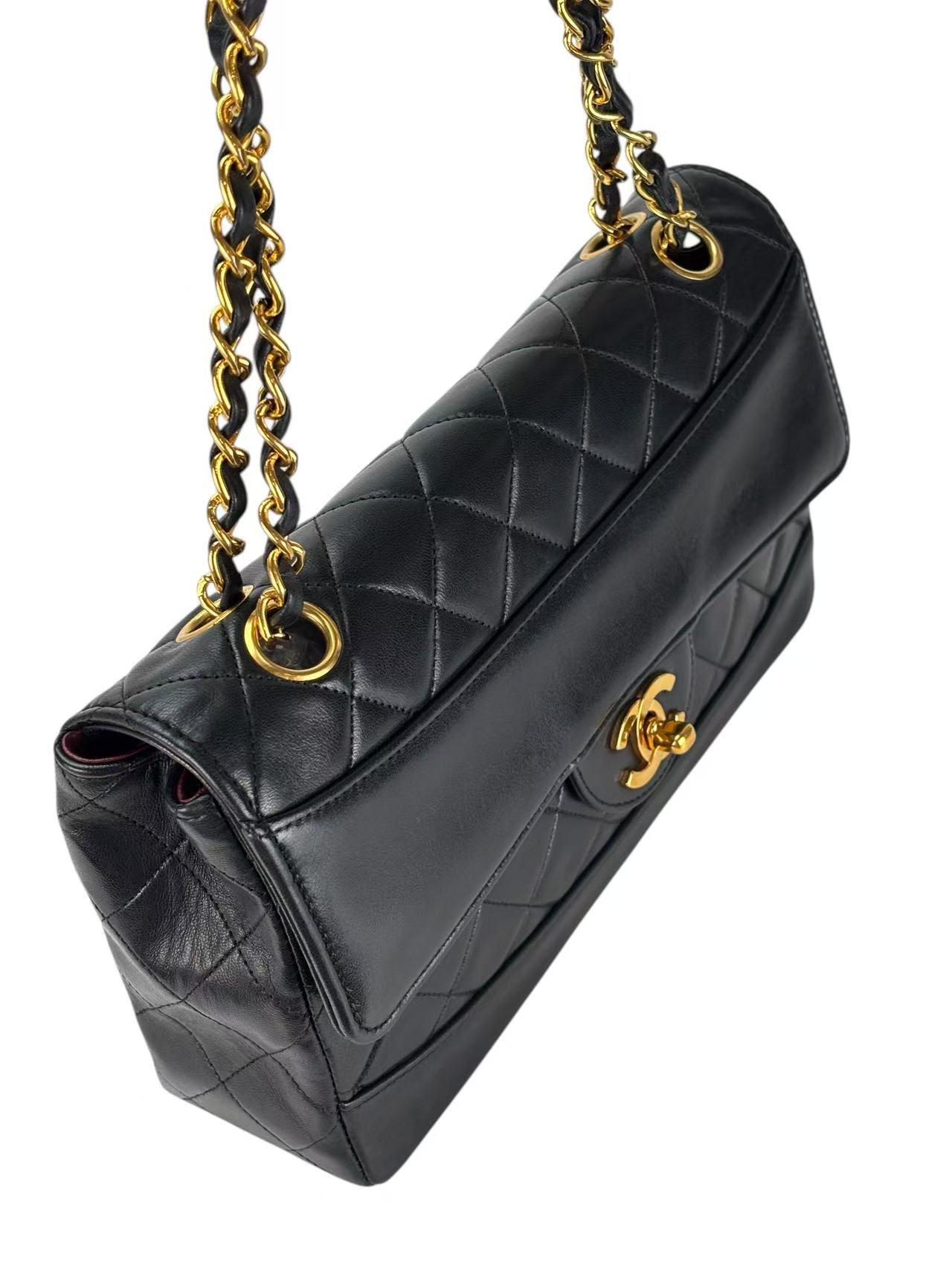 CHANEL - Black Lambskin Matelasse Pouch Attached Bag Gold Hardware
