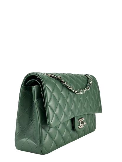 CHANEL - Medium Classic Double Flap Bag  Green Lambskin Silver Hardware (CF25)