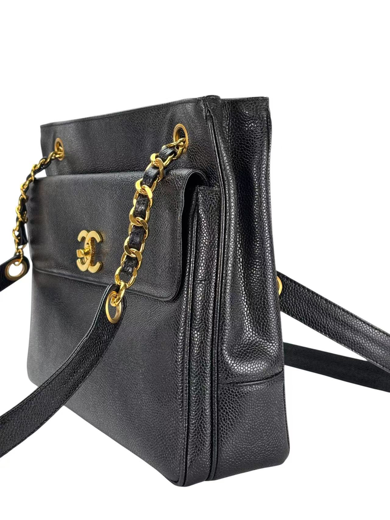 CHANEL - CC Logo Turn Lock Tote Black Caviar