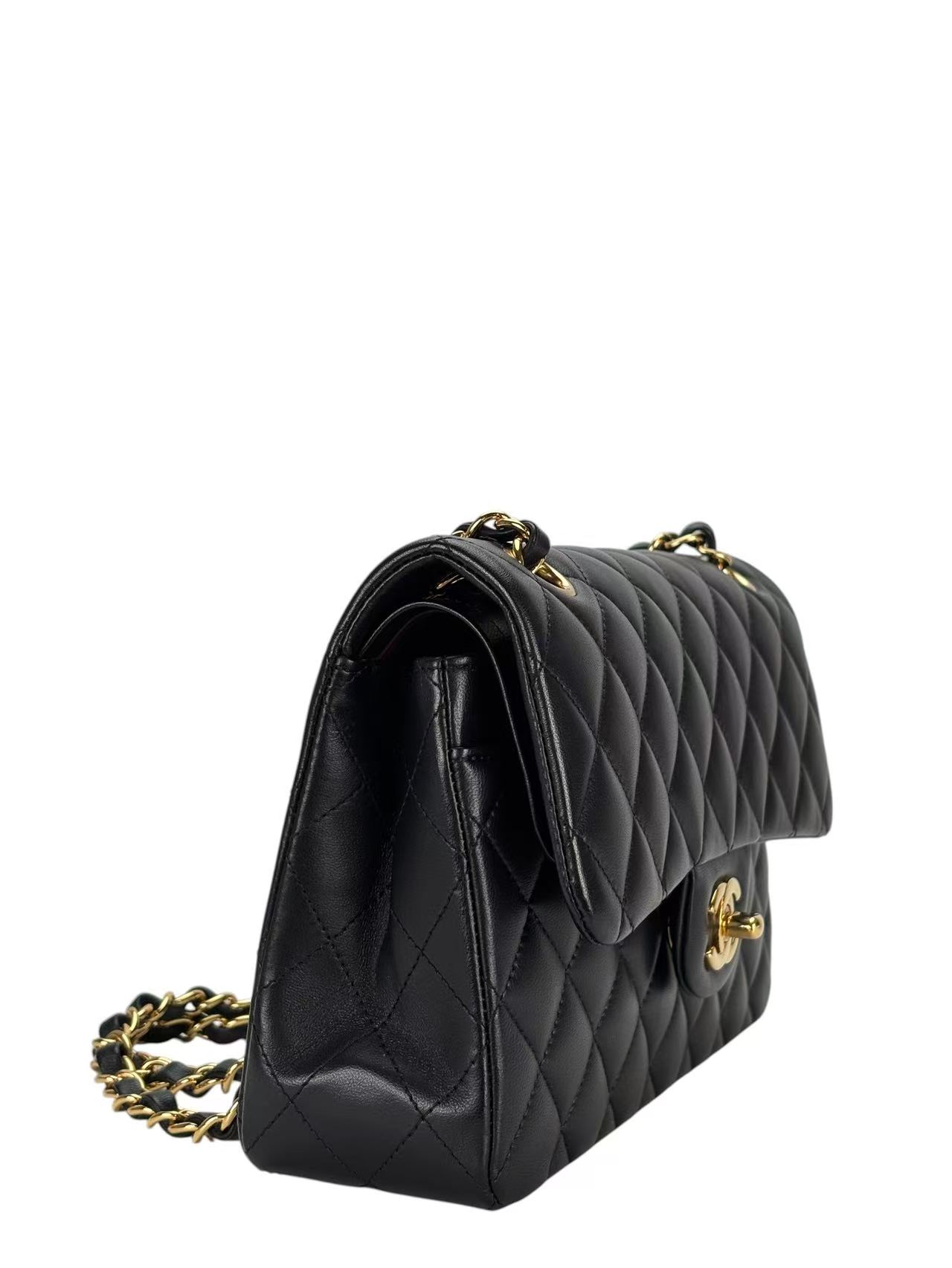 CHANEL - Double Face Small Classic Double Flap Bag Black Lambskin Gold Hardware (CF23)