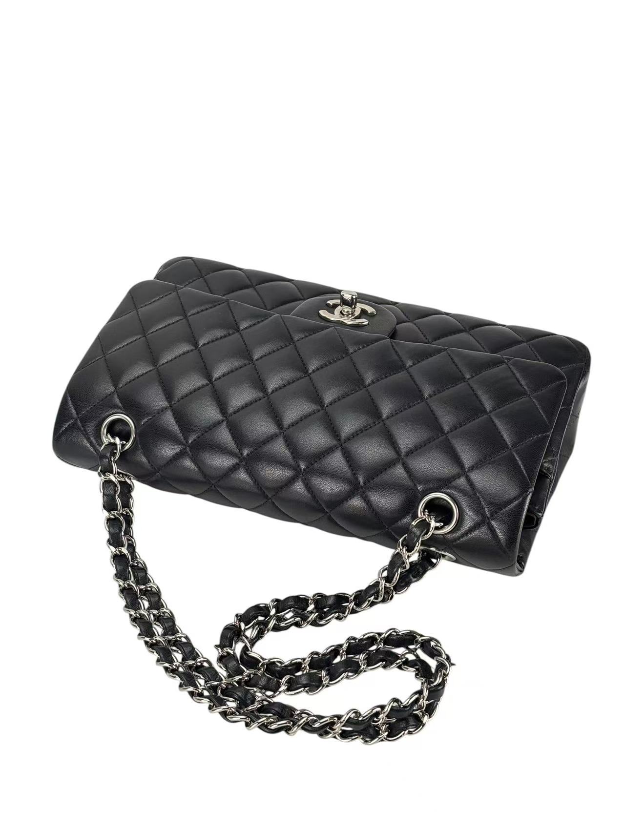 CHANEL - Medium Classic Double Flap Bag Black Lambskin Sliver Hardware (CF25) 