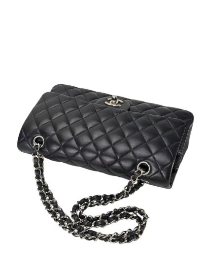 CHANEL - Medium Classic Double Flap Bag Black Lambskin Sliver Hardware (CF25) 