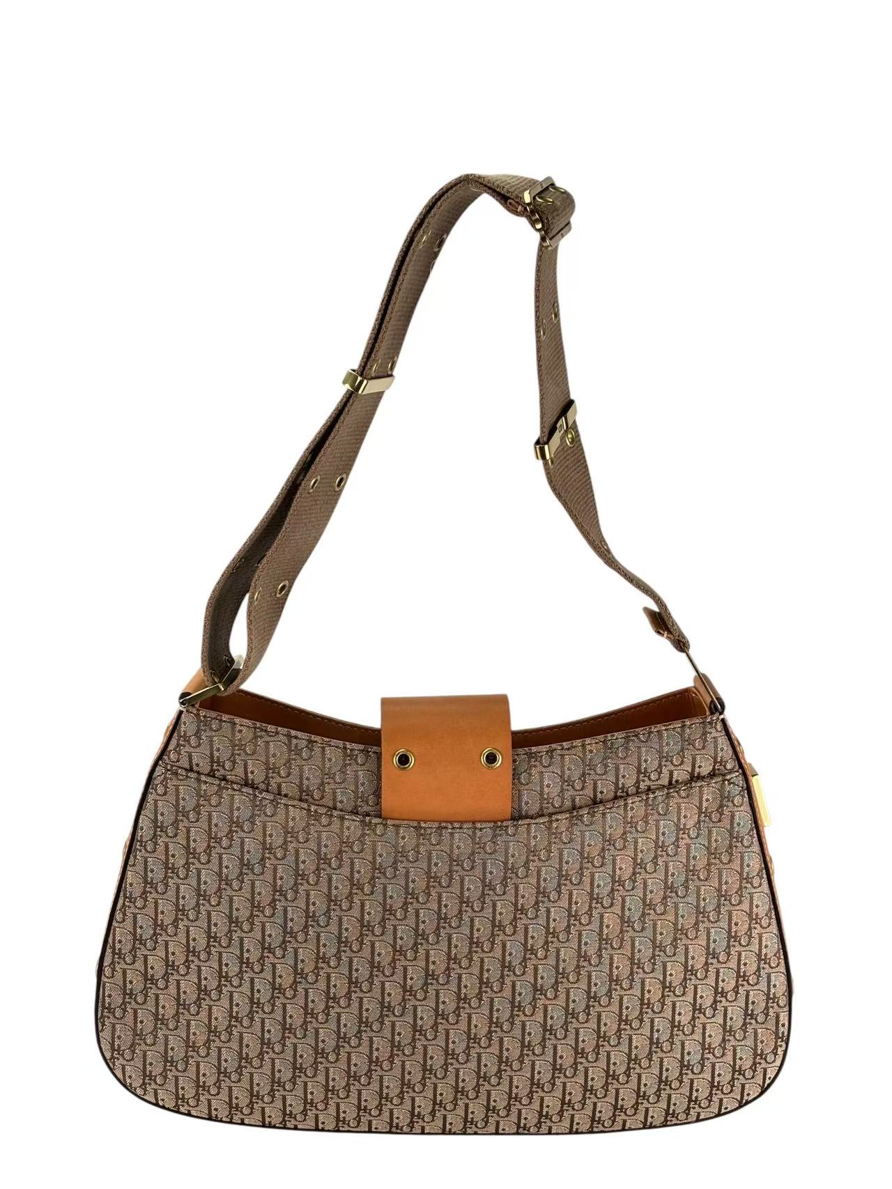CHRISTIAN DIOR - Beige Canvas Trotter Pattern Street Chic Shoulder Bag
