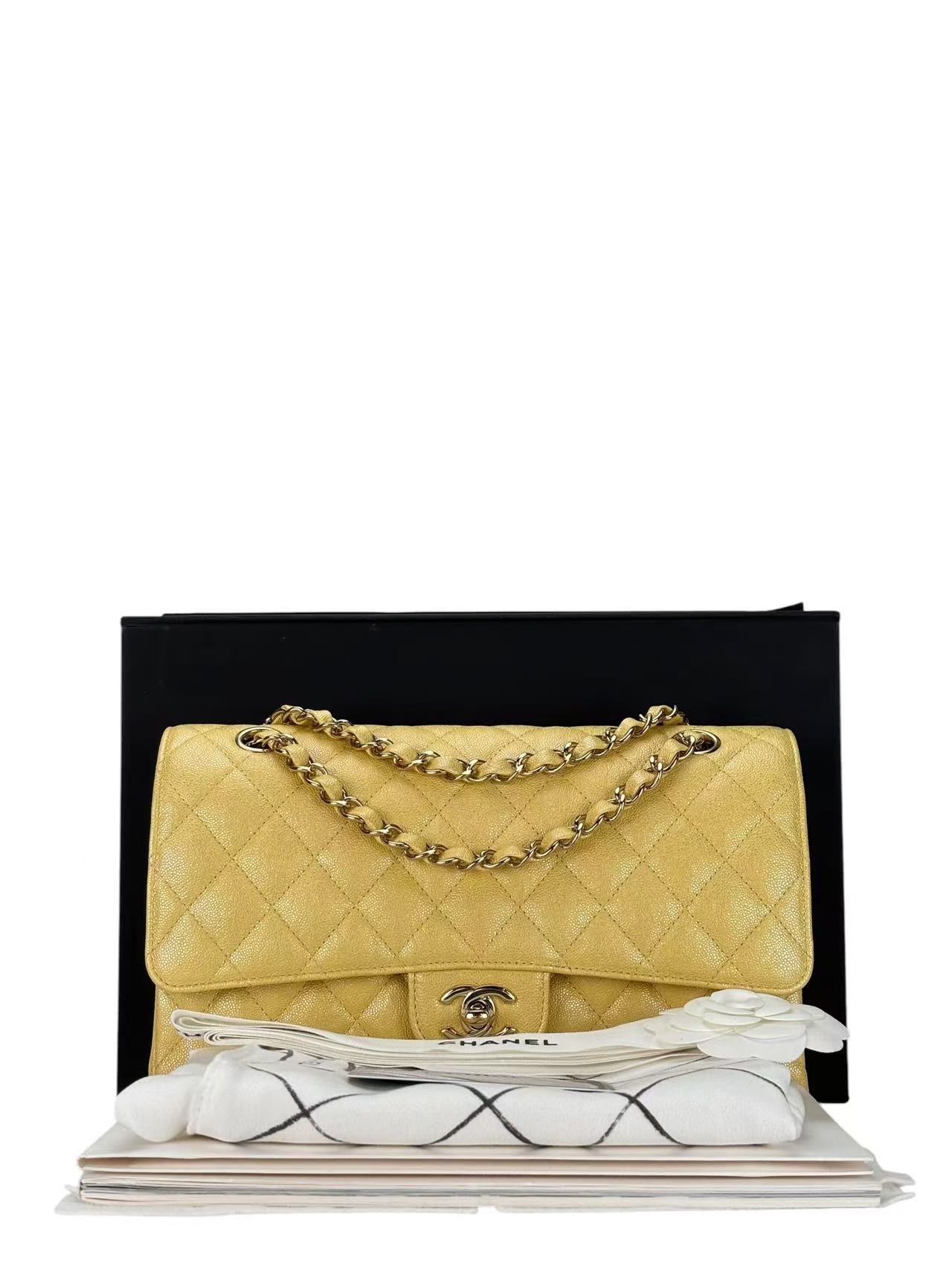 CHANEL - Medium Classic Double Flap Bag Yellow Calfskin Gold Hardware (CF25)