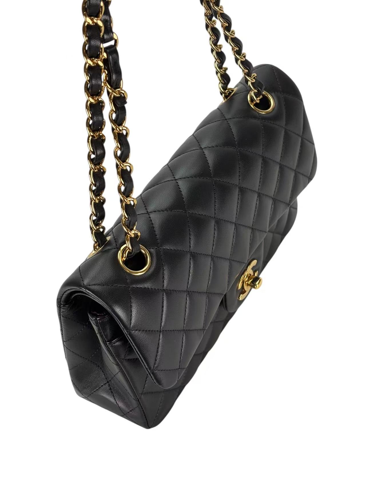 CHANEL - Double Face Small Classic Double Flap Bag Black Lambskin Gold Hardware (CF23)