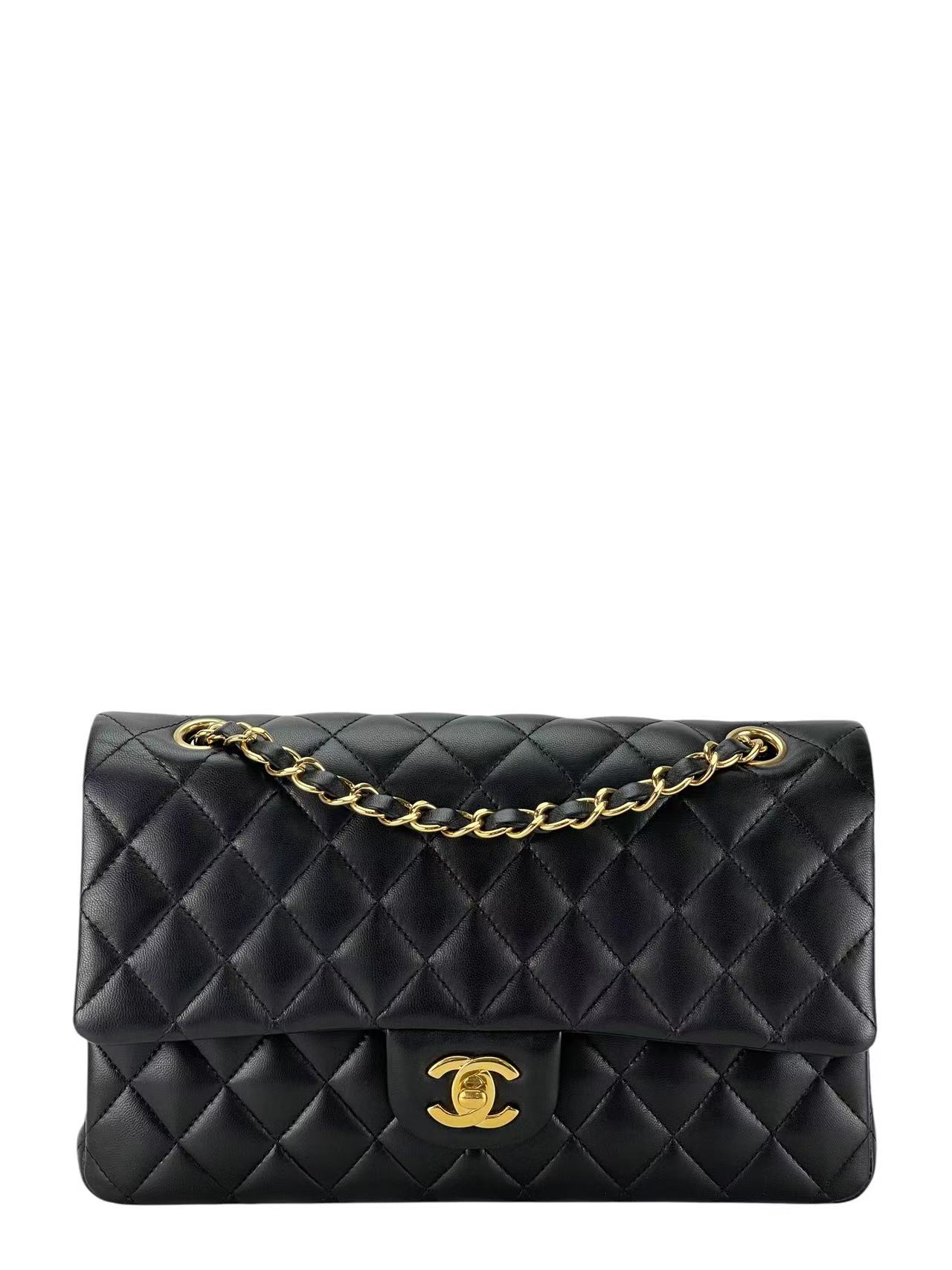 CHANEL - Medium Classic Double Flap Bag Black Lambskin Gold Hardware (CF25)