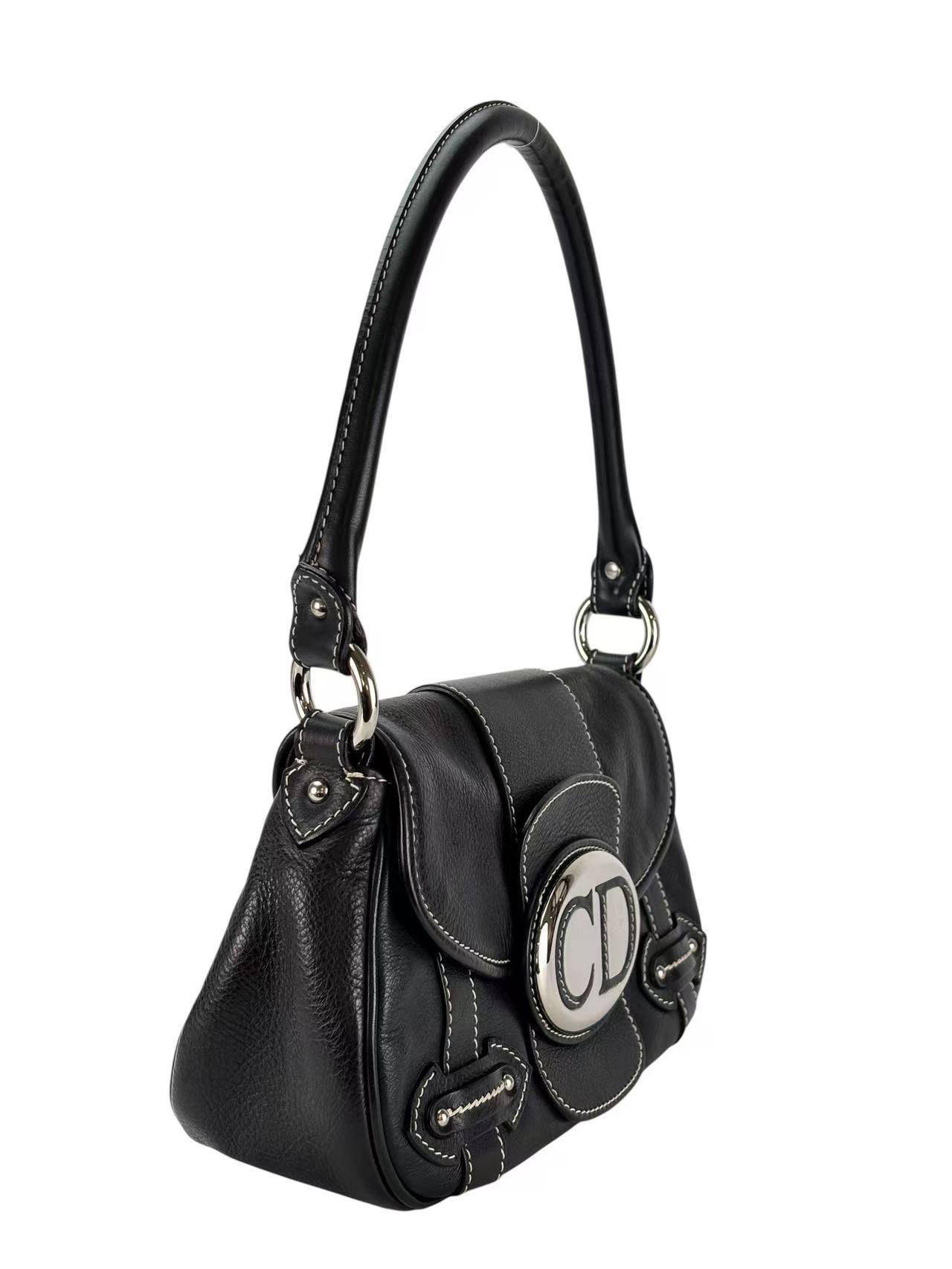 CHRISTIAN DIOR - Black Leather One Shoulder Bag Silver Hardware