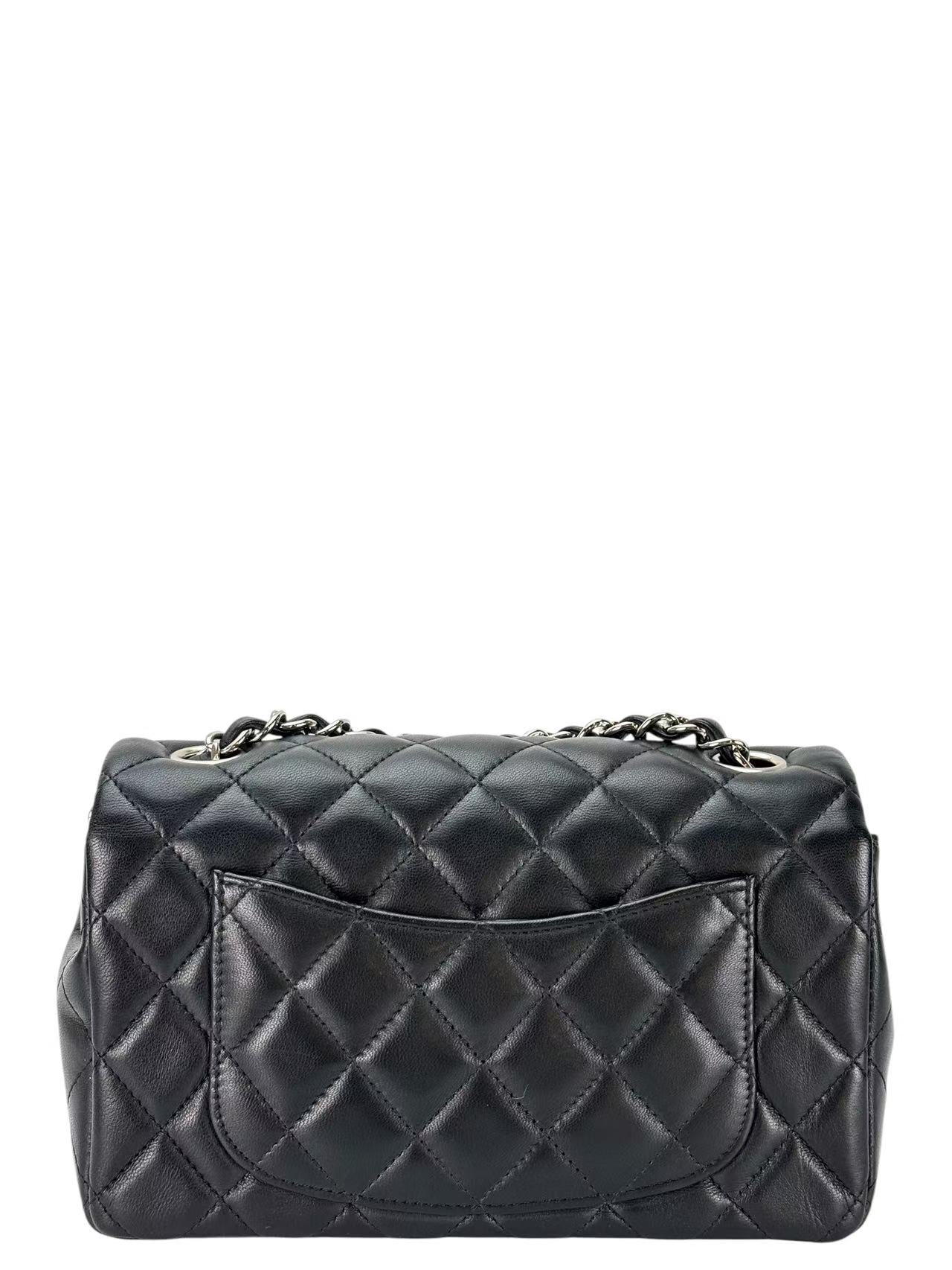CHANEL - Black Lambskin Mini Classic Flap Bag Silver Hardware