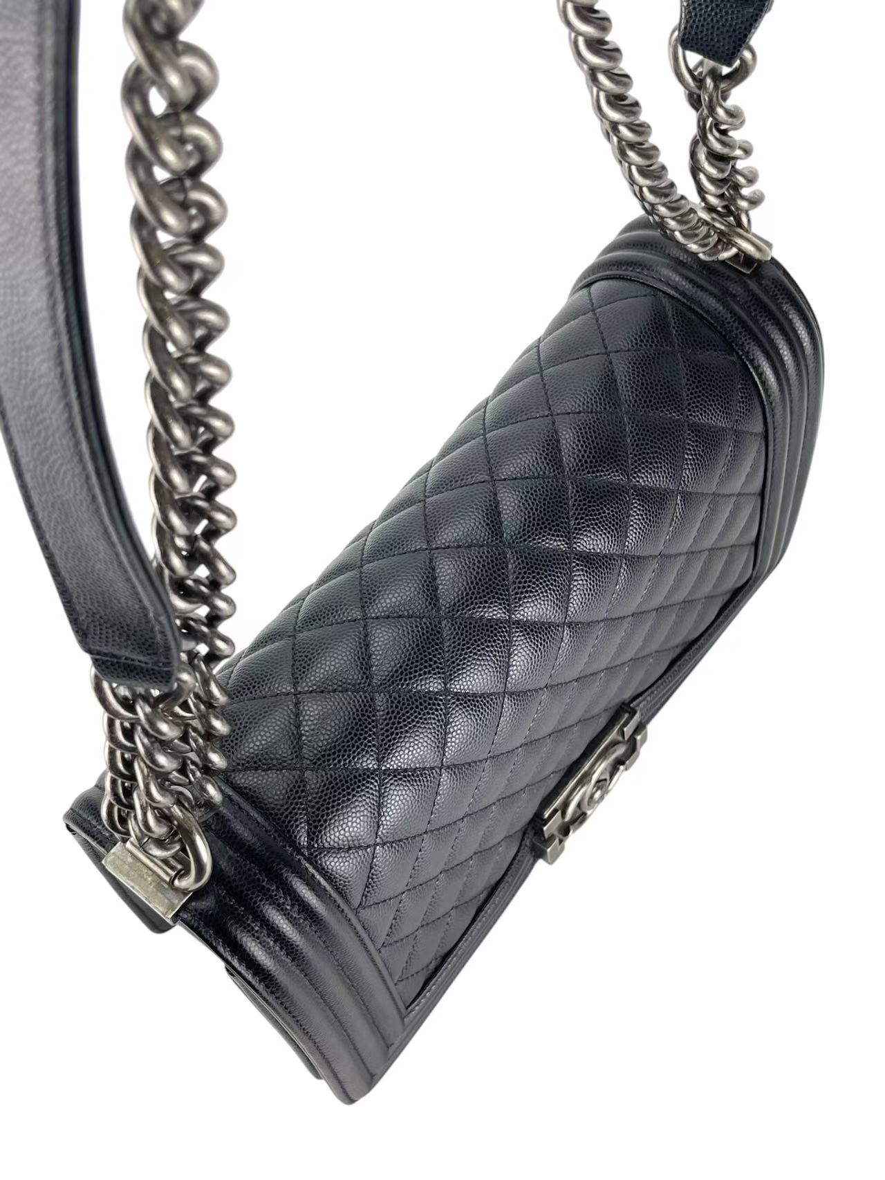 CHANEL - Medium Boy Flap Bag Black Caviar Metal Silver Hardware