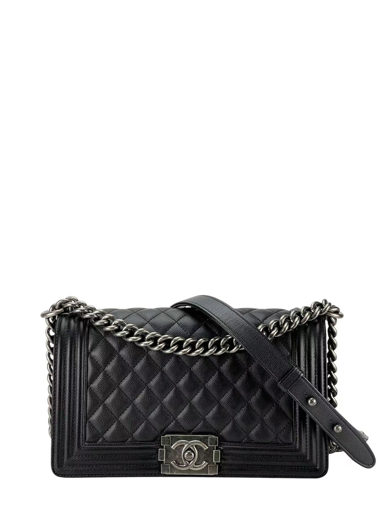 CHANEL - Medium Boy Flap Bag Black Caviar Metal Silver Hardware