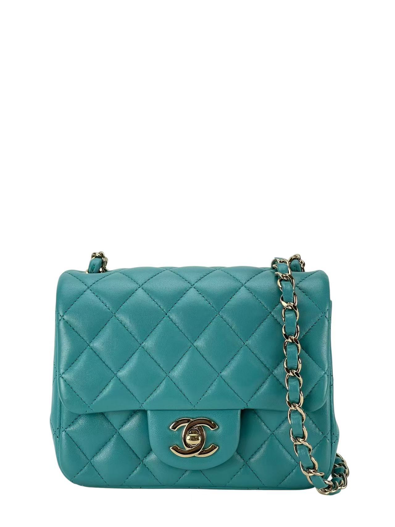 CHANEL - Green Lambskin Mini Classic Square Flap Shoulder Bag 17