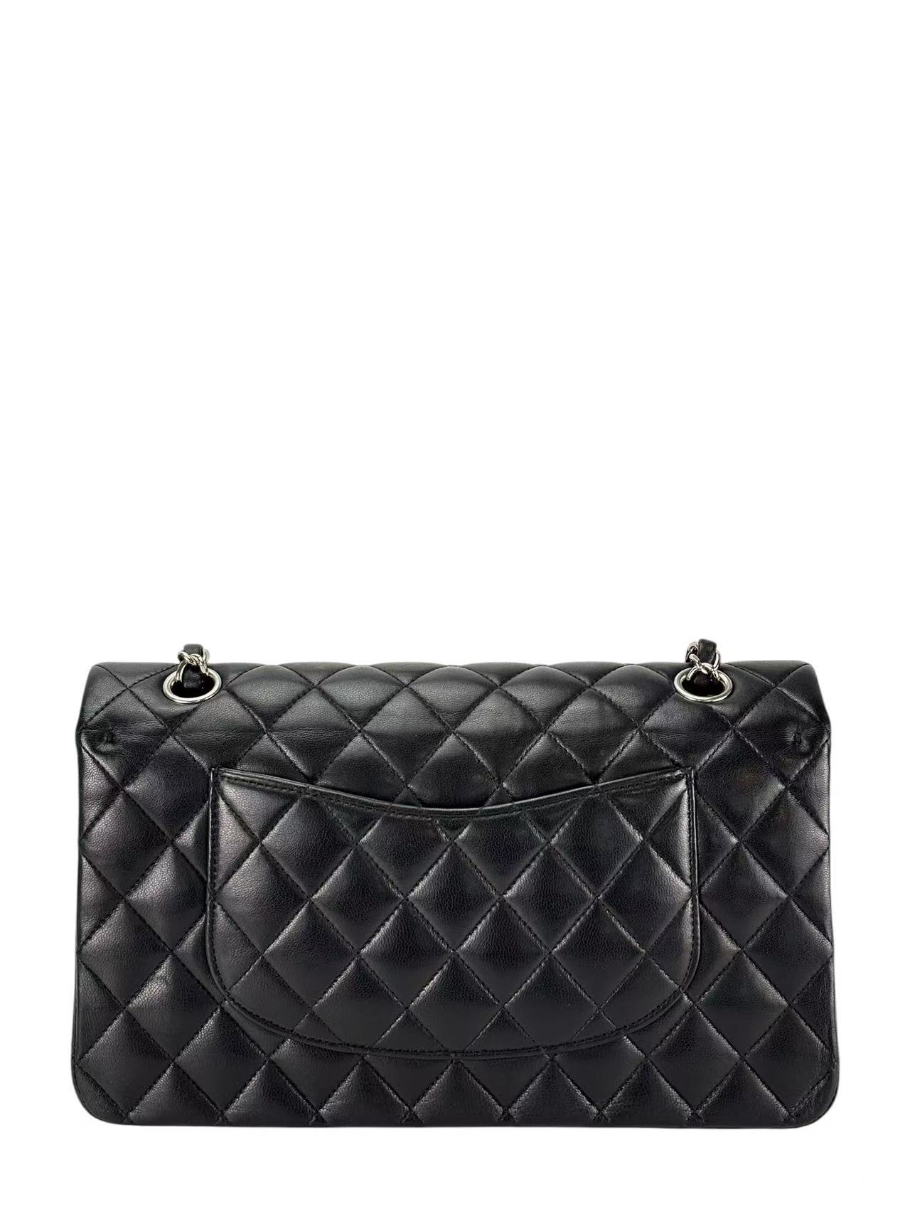 CHANEL - Medium Classic Double Flap Bag Black Lambskin Sliver Hardware (CF25) 