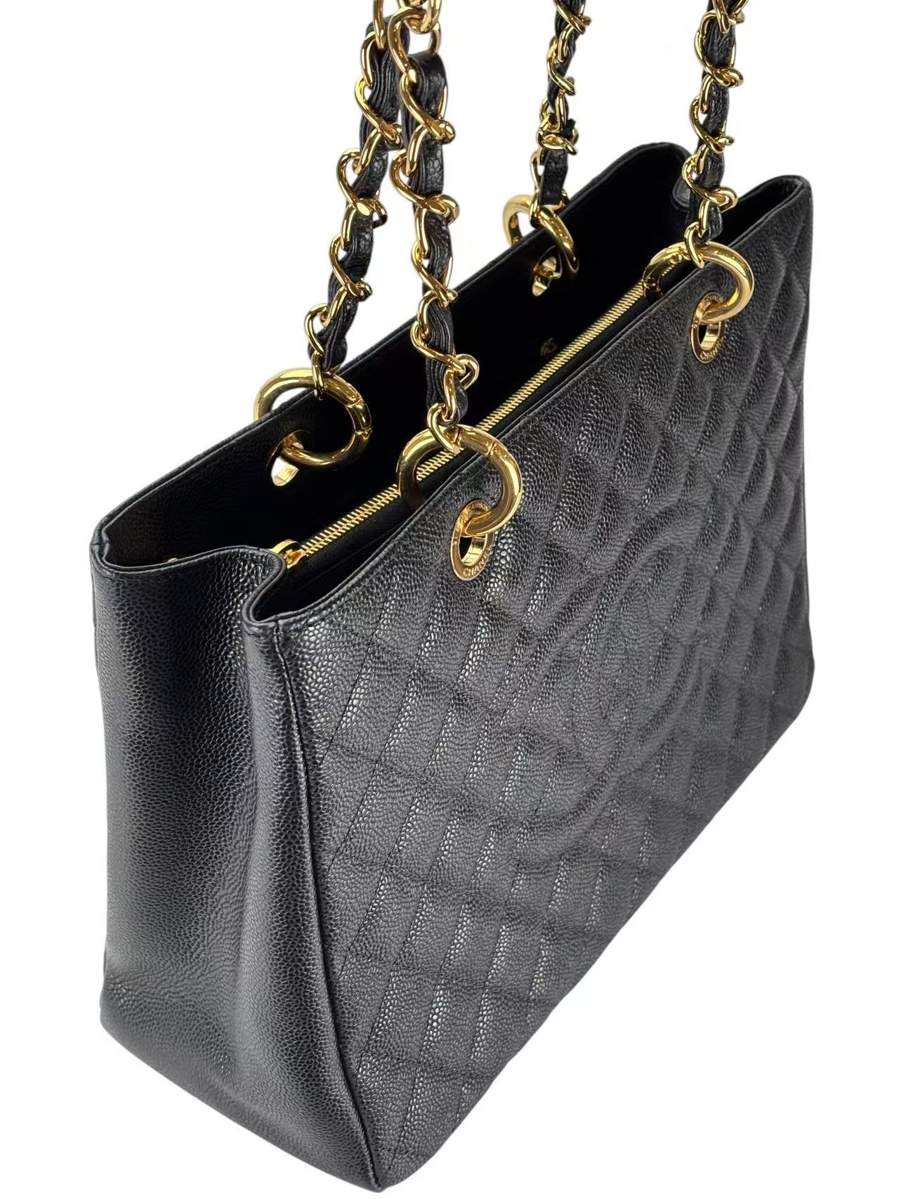 CHANEL - Black Caviar Quilted Grand Shopping Tote GST Gold Hardware
