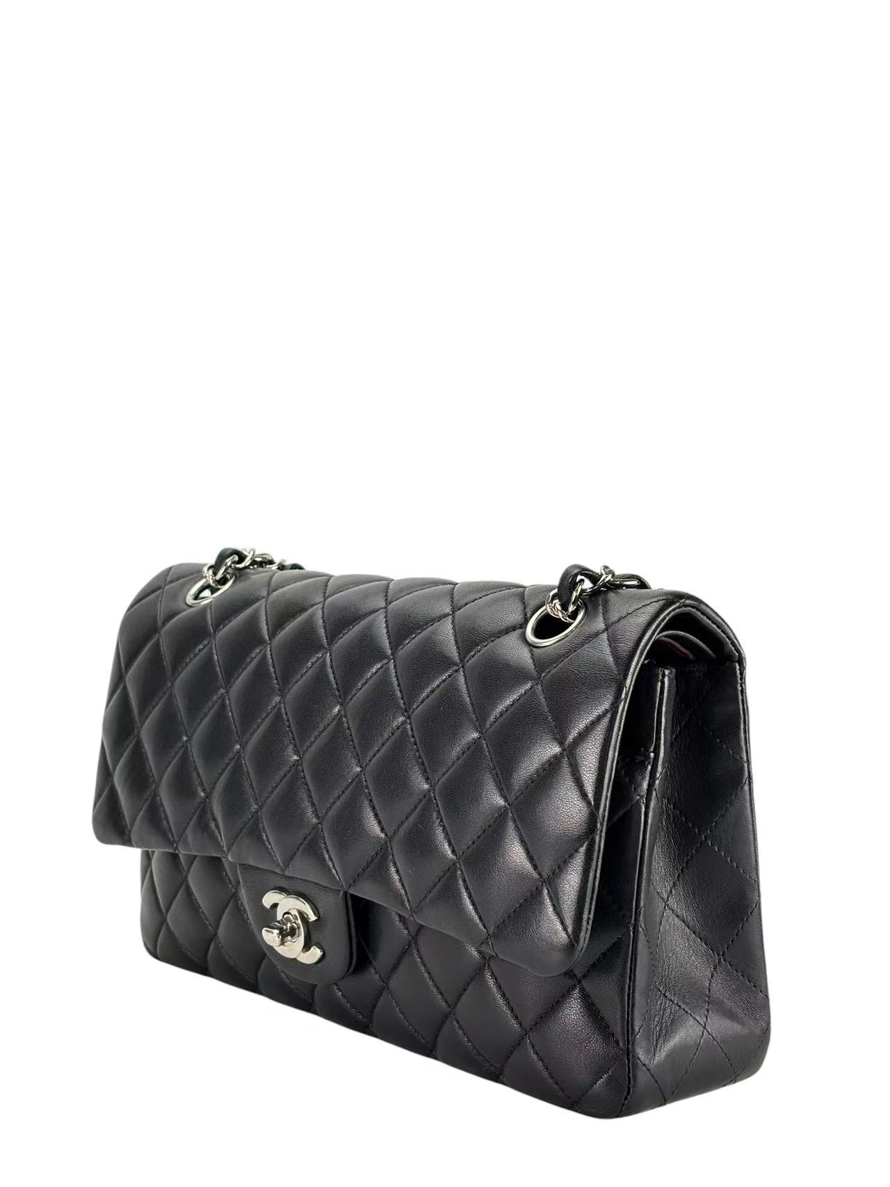 CHANEL - Medium Classic Double Flap Bag Black Lambskin Sliver Hardware (CF25) 