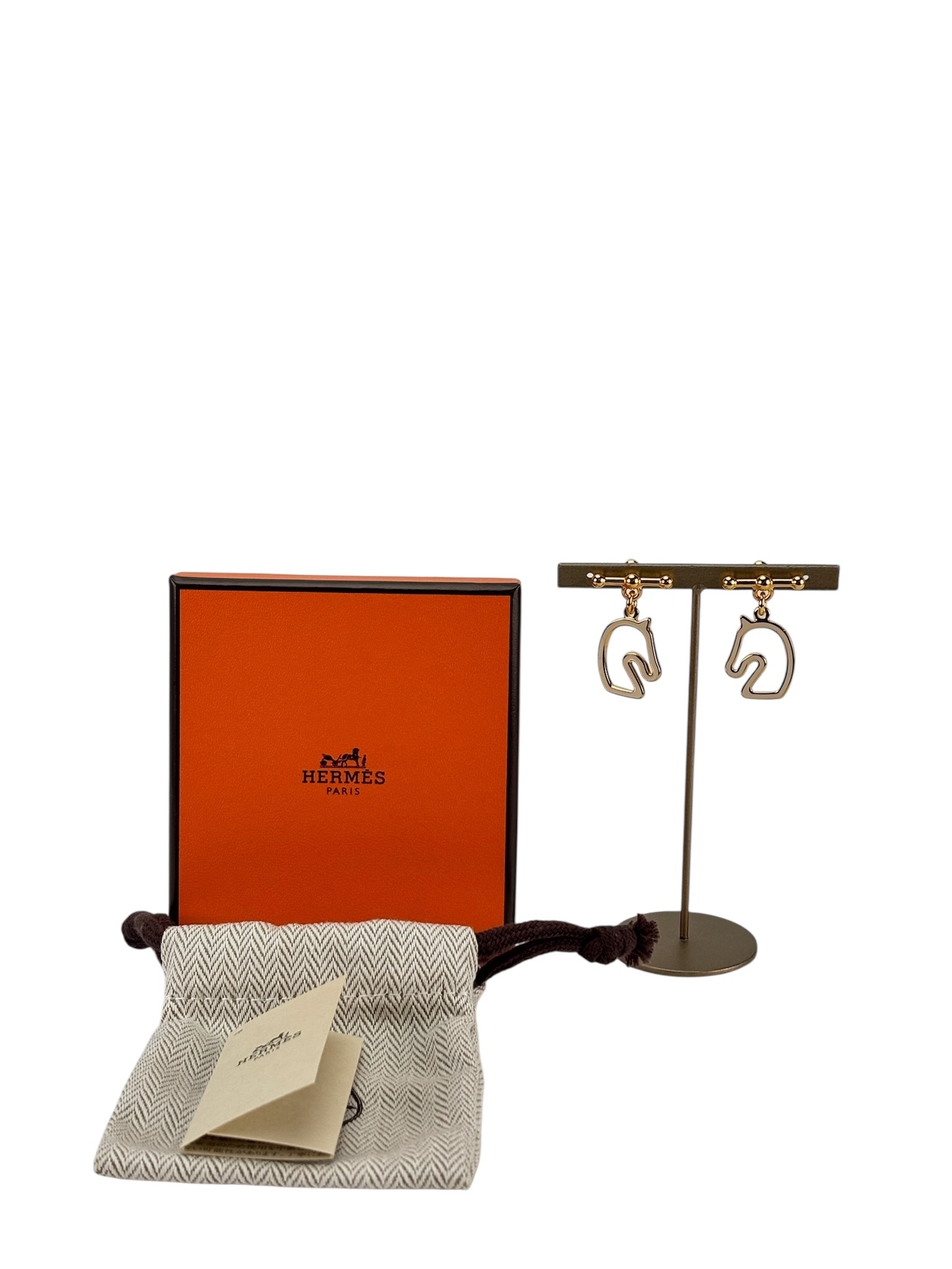 HERMES - Gold Cream White Horse Motif Tonnerre Cheval Earrings