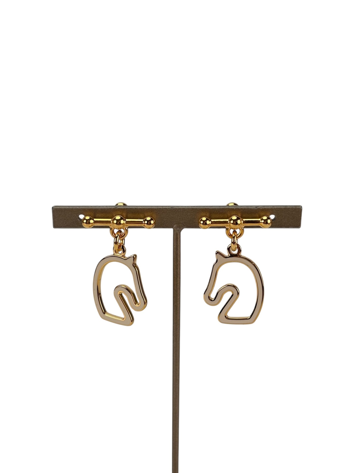 HERMES - Gold Cream White Horse Motif Tonnerre Cheval Earrings