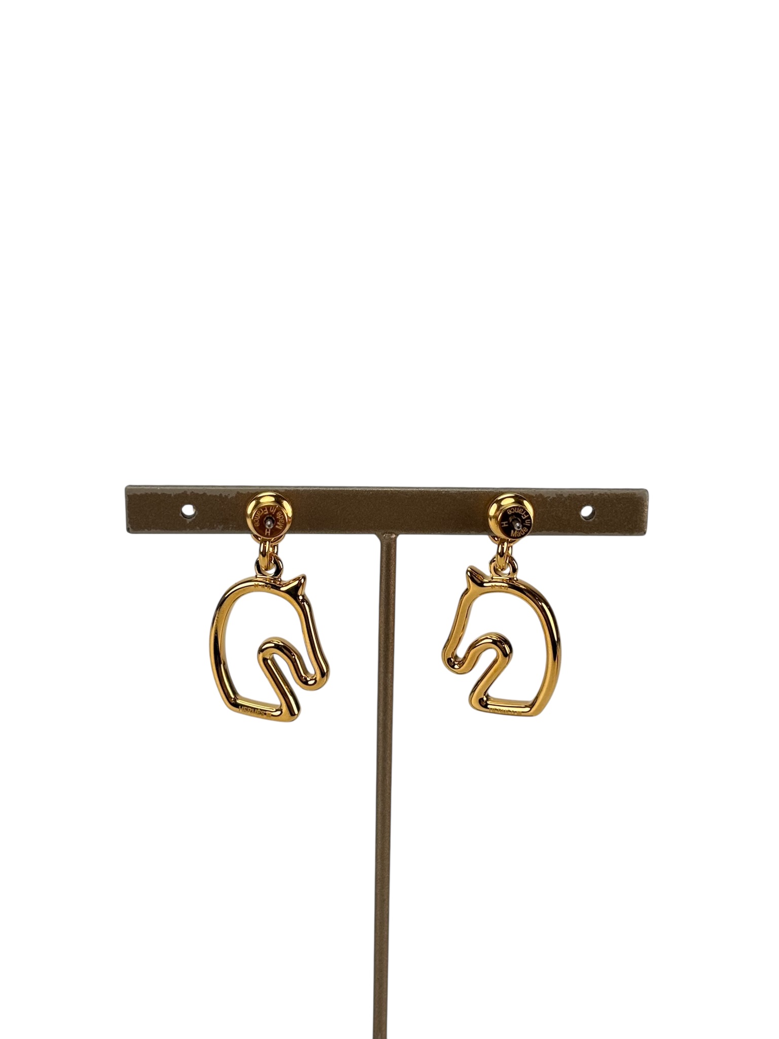 HERMES - Gold Cream White Horse Motif Tonnerre Cheval Earrings