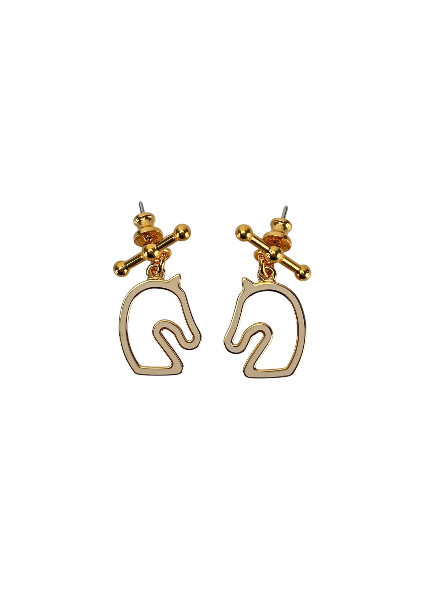 HERMES - Gold Cream White Horse Motif Tonnerre Cheval Earrings