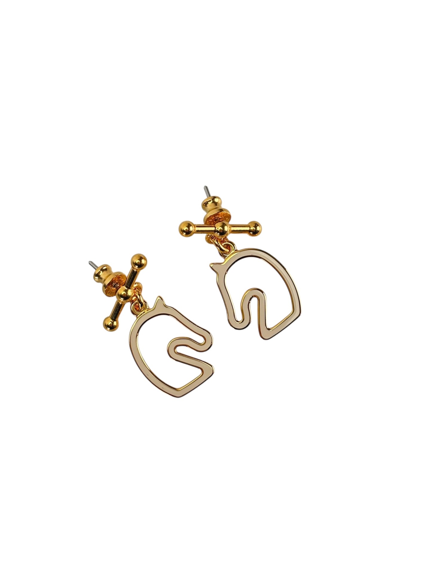 HERMES - Gold Cream White Horse Motif Tonnerre Cheval Earrings