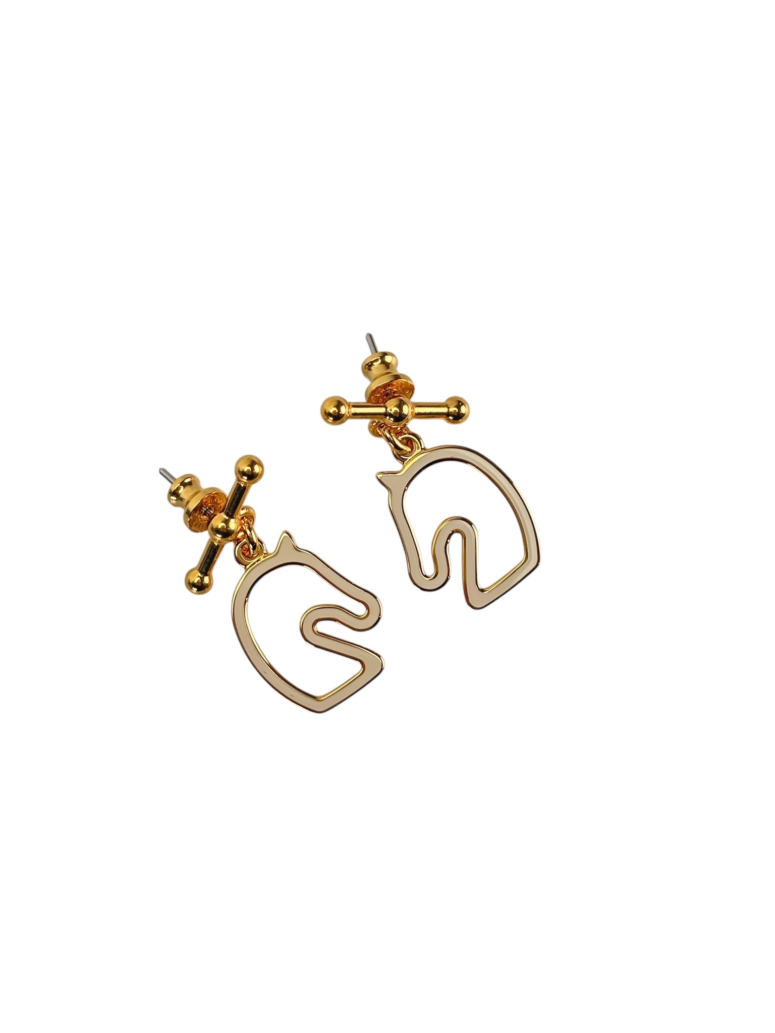 HERMES - Gold Cream White Horse Motif Tonnerre Cheval Earrings