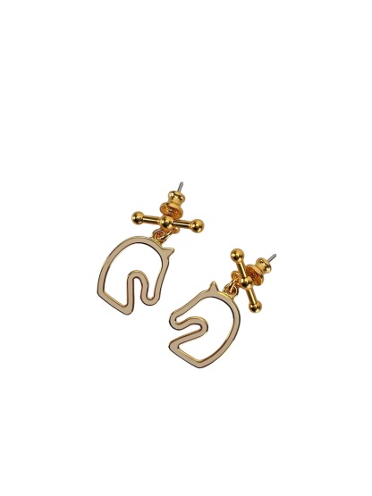 HERMES - Gold Cream White Horse Motif Tonnerre Cheval Earrings