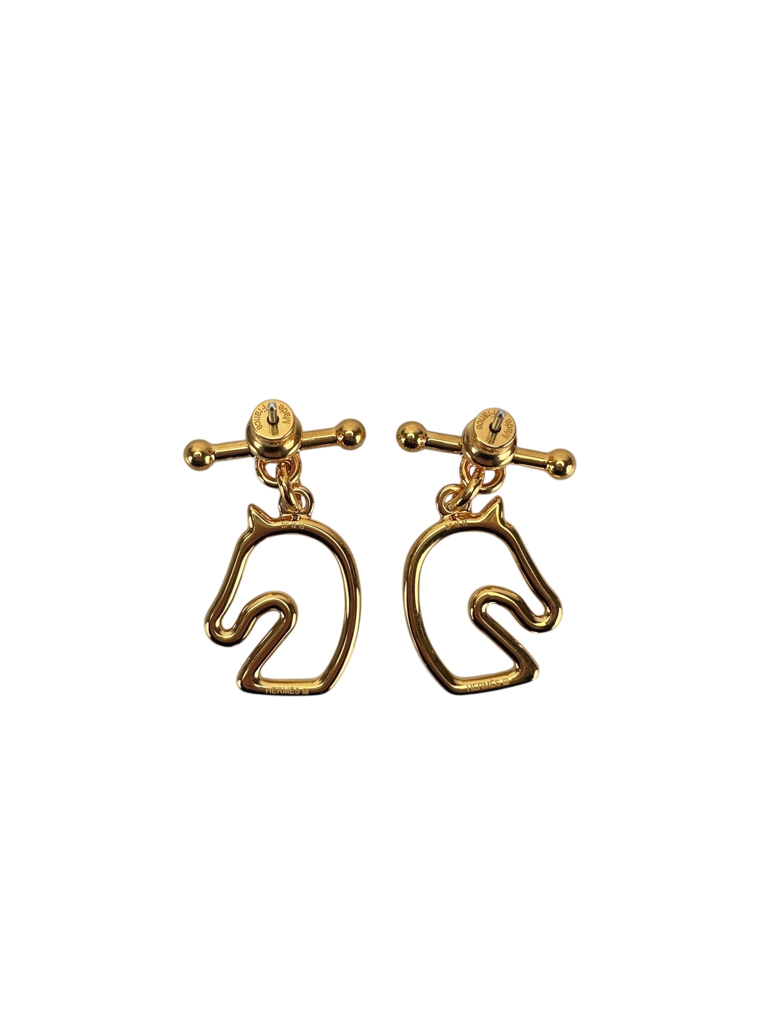 HERMES - Gold Cream White Horse Motif Tonnerre Cheval Earrings