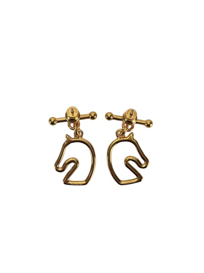 HERMES - Gold Cream White Horse Motif Tonnerre Cheval Earrings