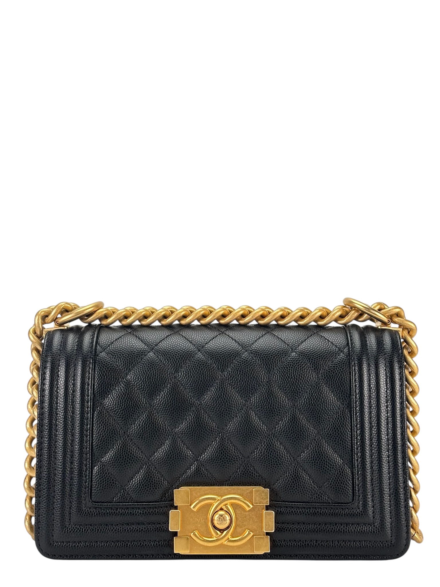 CHANEL - Small Boy Flap Bag Black Caviar Metal Gold