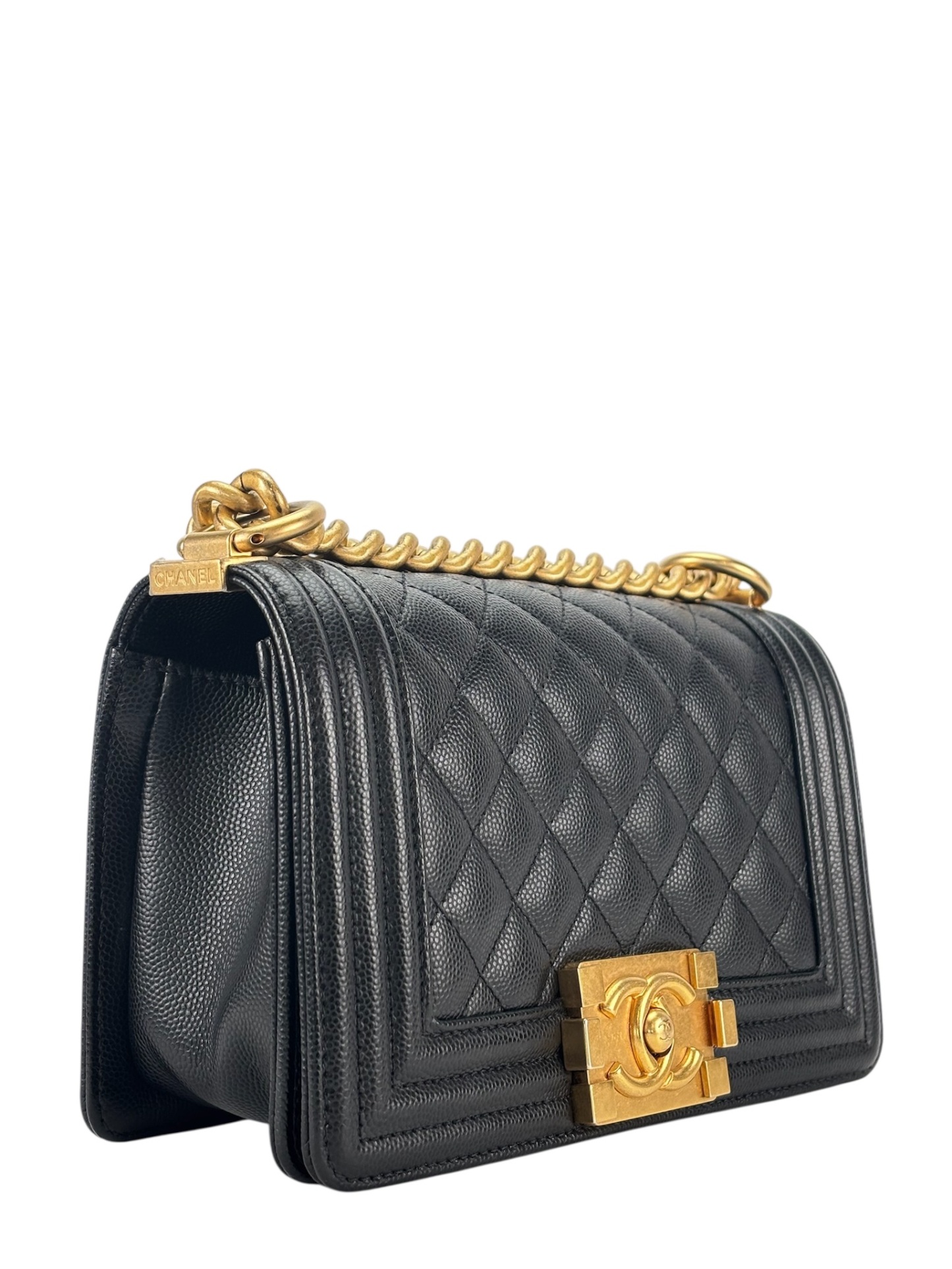 CHANEL - Small Boy Flap Bag Black Caviar Metal Gold