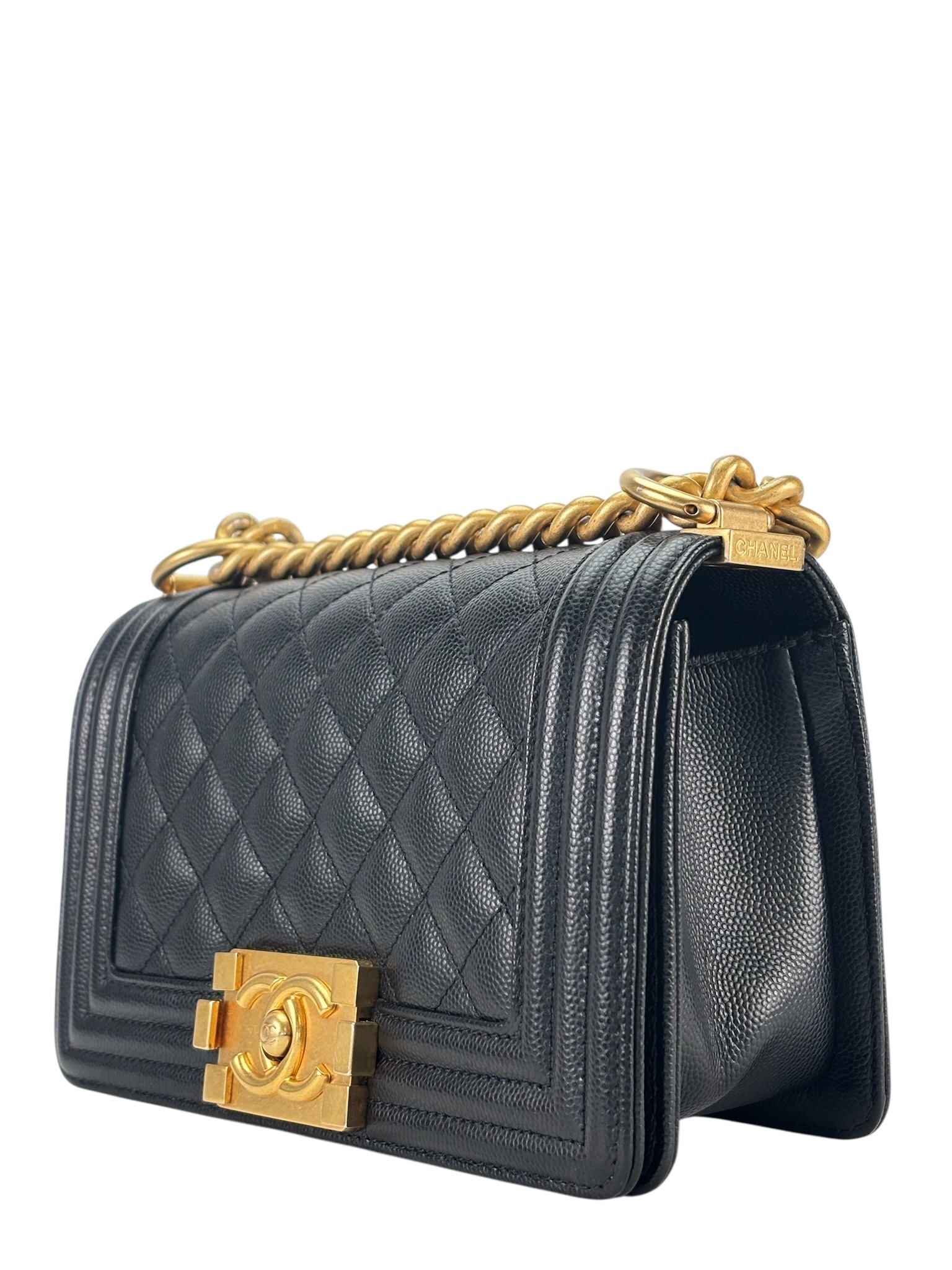 CHANEL - Small Boy Flap Bag Black Caviar Metal Gold