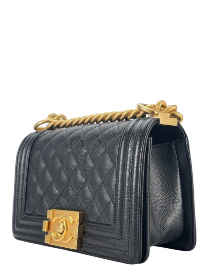 CHANEL - Small Boy Flap Bag Black Caviar Metal Gold