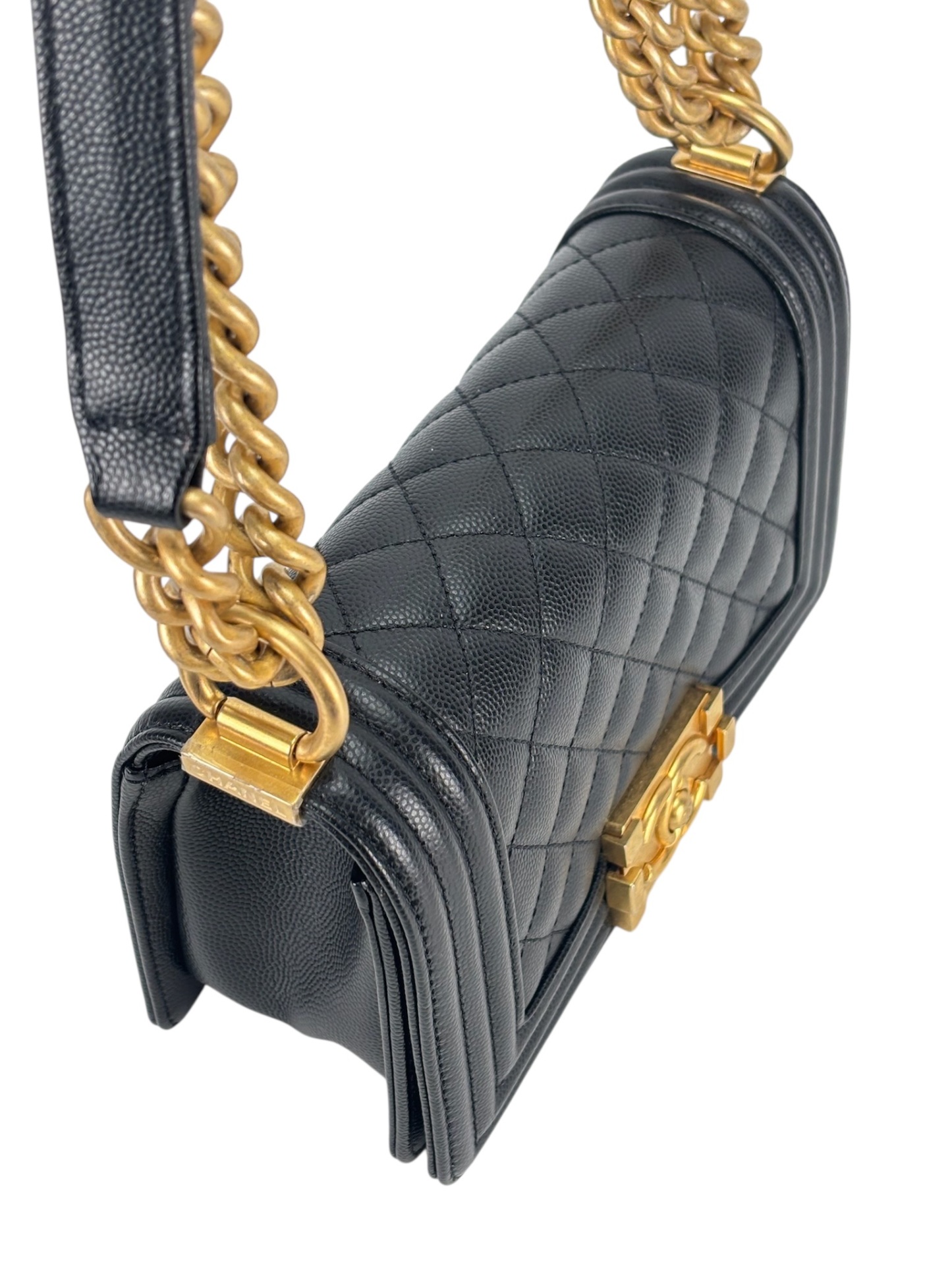 CHANEL - Small Boy Flap Bag Black Caviar Metal Gold