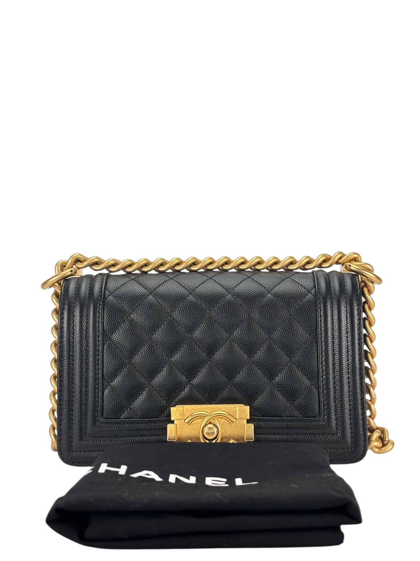CHANEL - Small Boy Flap Bag Black Caviar Metal Gold