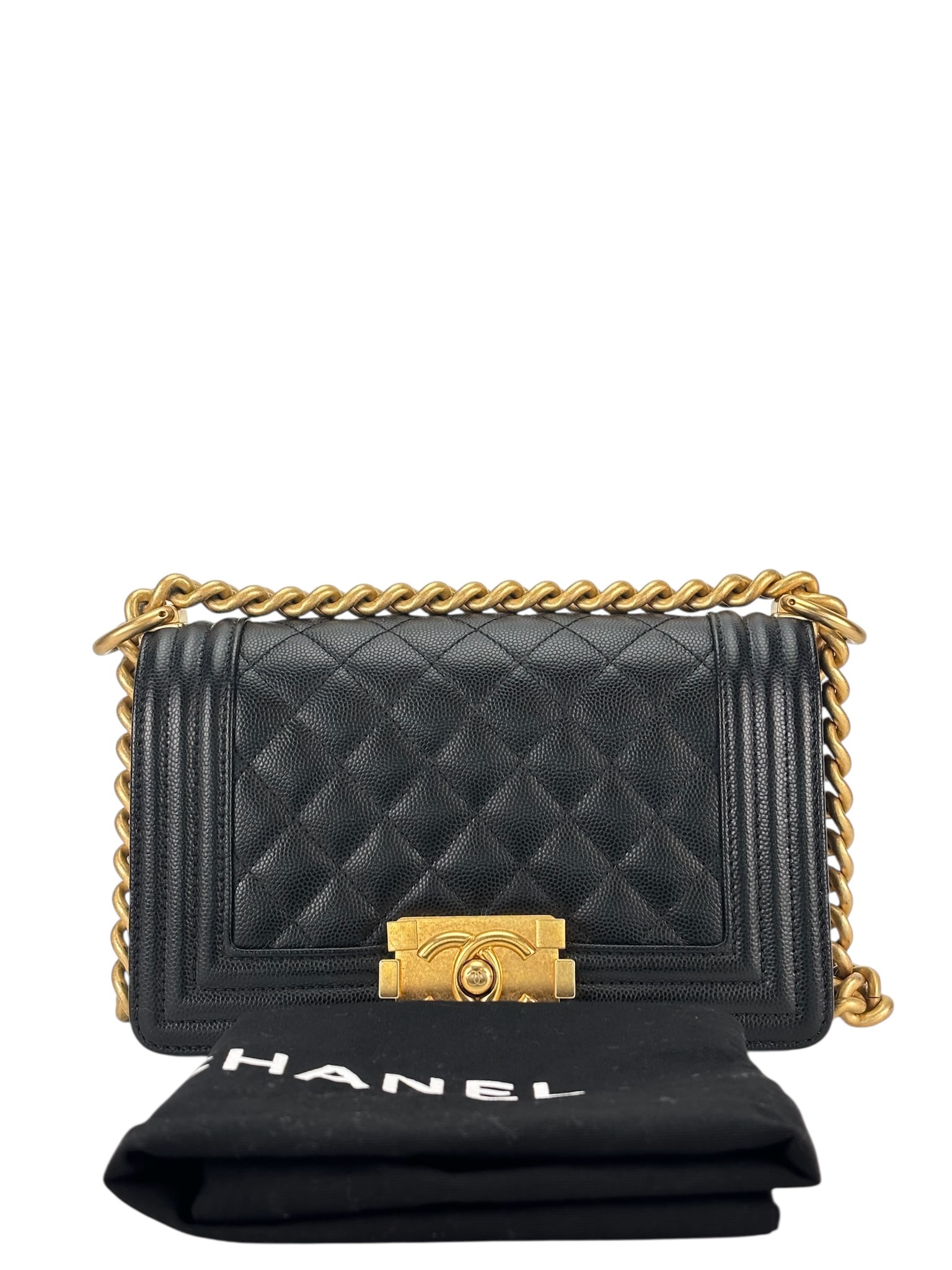 CHANEL - Small Boy Flap Bag Black Caviar Metal Gold