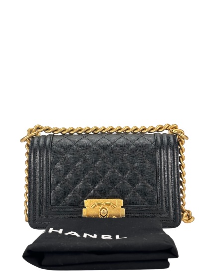 CHANEL - Small Boy Flap Bag Black Caviar Metal Gold