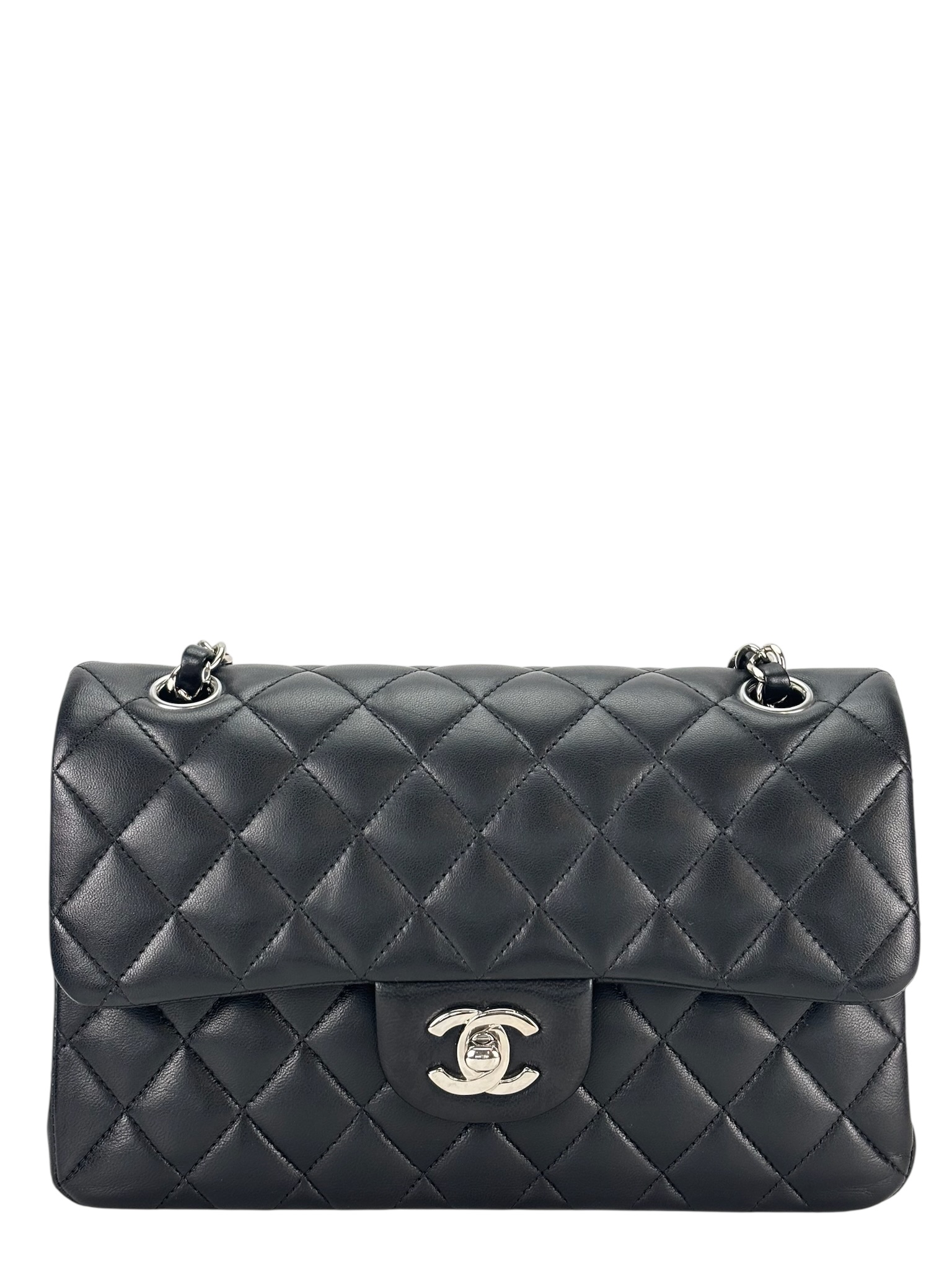 CHANEL - Small Classic Double Flap Bag Black Lambskin Sliver Hardware (CF23)