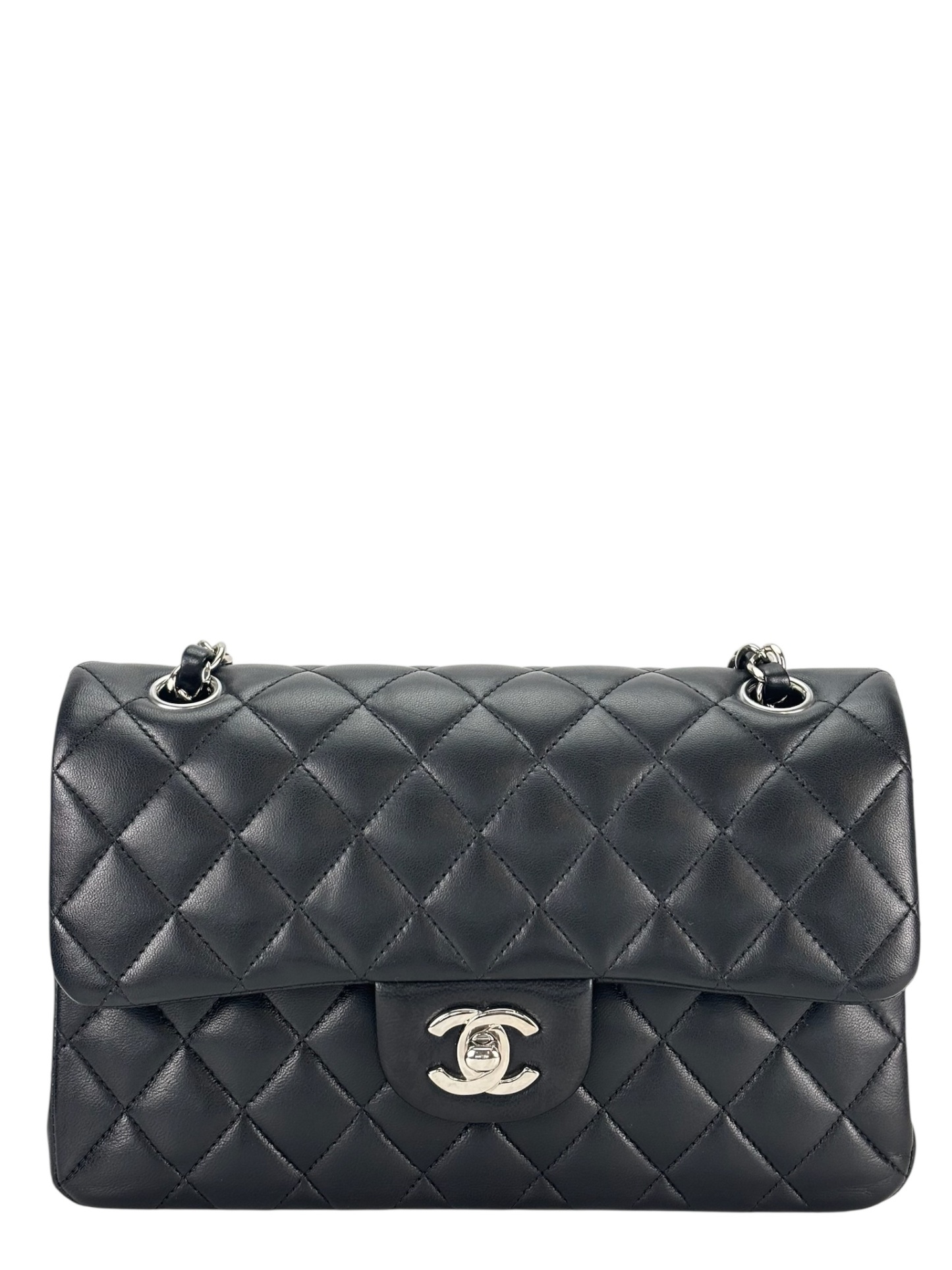 CHANEL - Small Classic Double Flap Bag Black Lambskin Sliver Hardware (CF23)