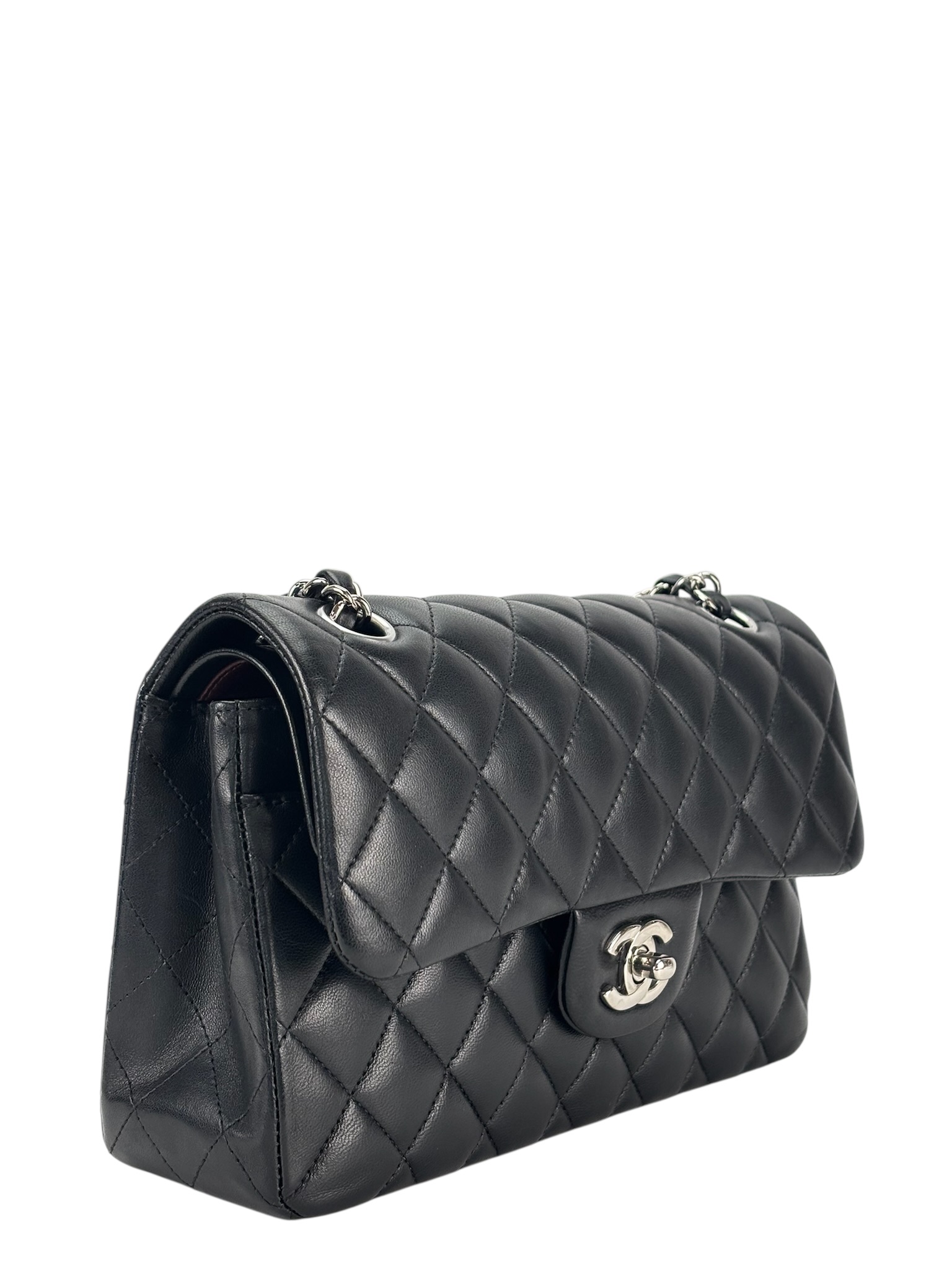 CHANEL - Small Classic Double Flap Bag Black Lambskin Sliver Hardware (CF23)