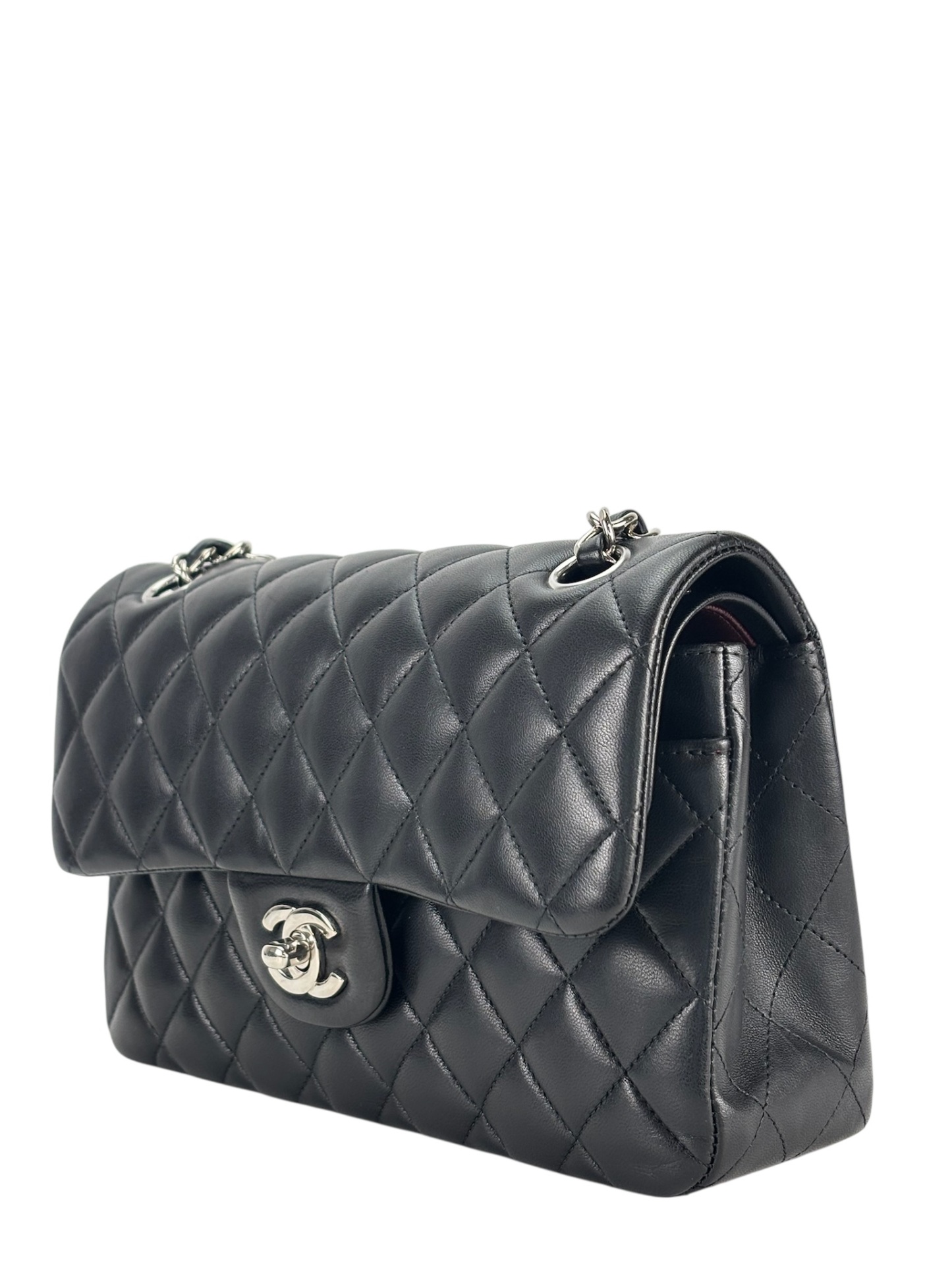 CHANEL - Small Classic Double Flap Bag Black Lambskin Sliver Hardware (CF23)