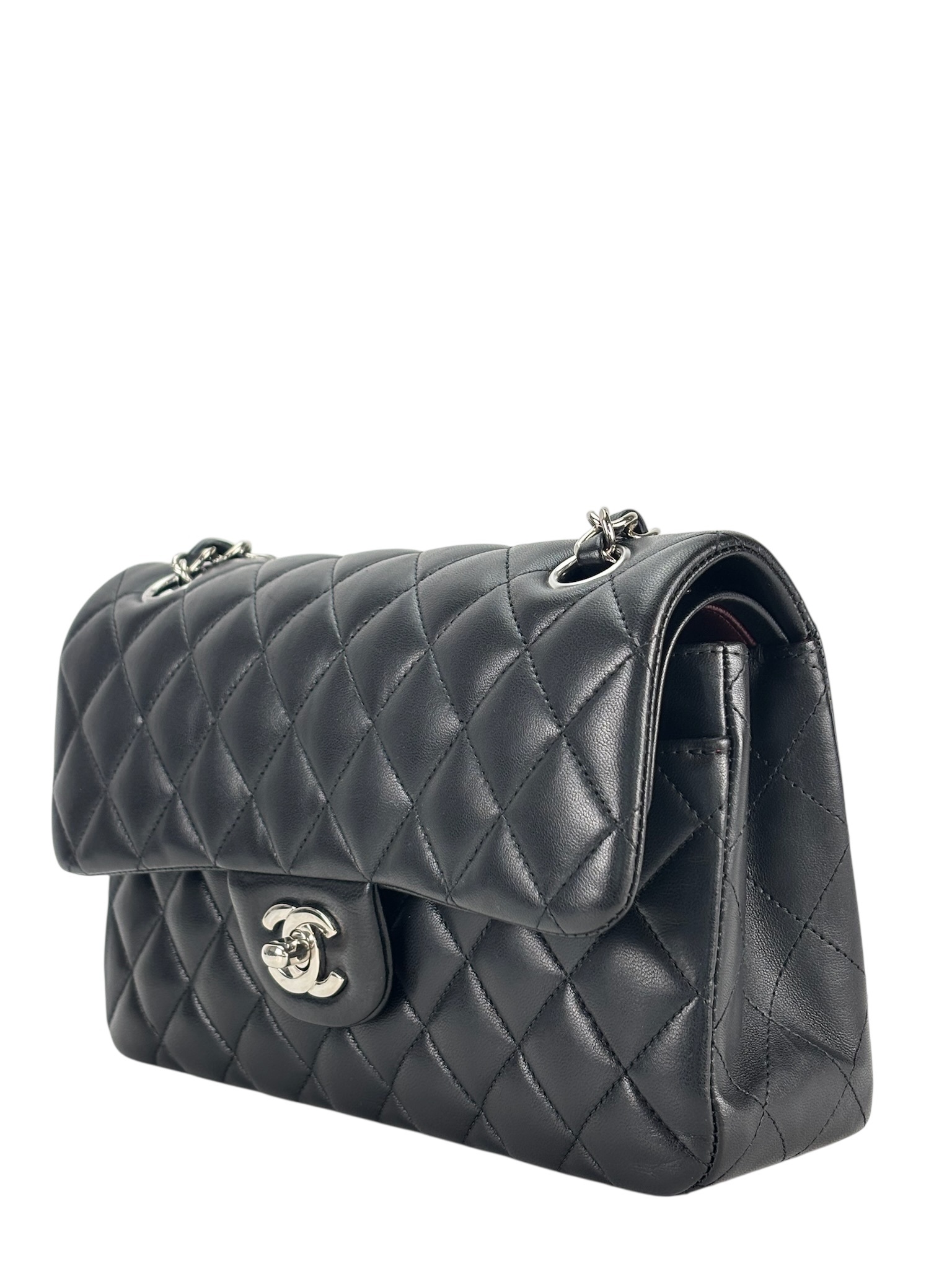 CHANEL - Small Classic Double Flap Bag Black Lambskin Sliver Hardware (CF23)