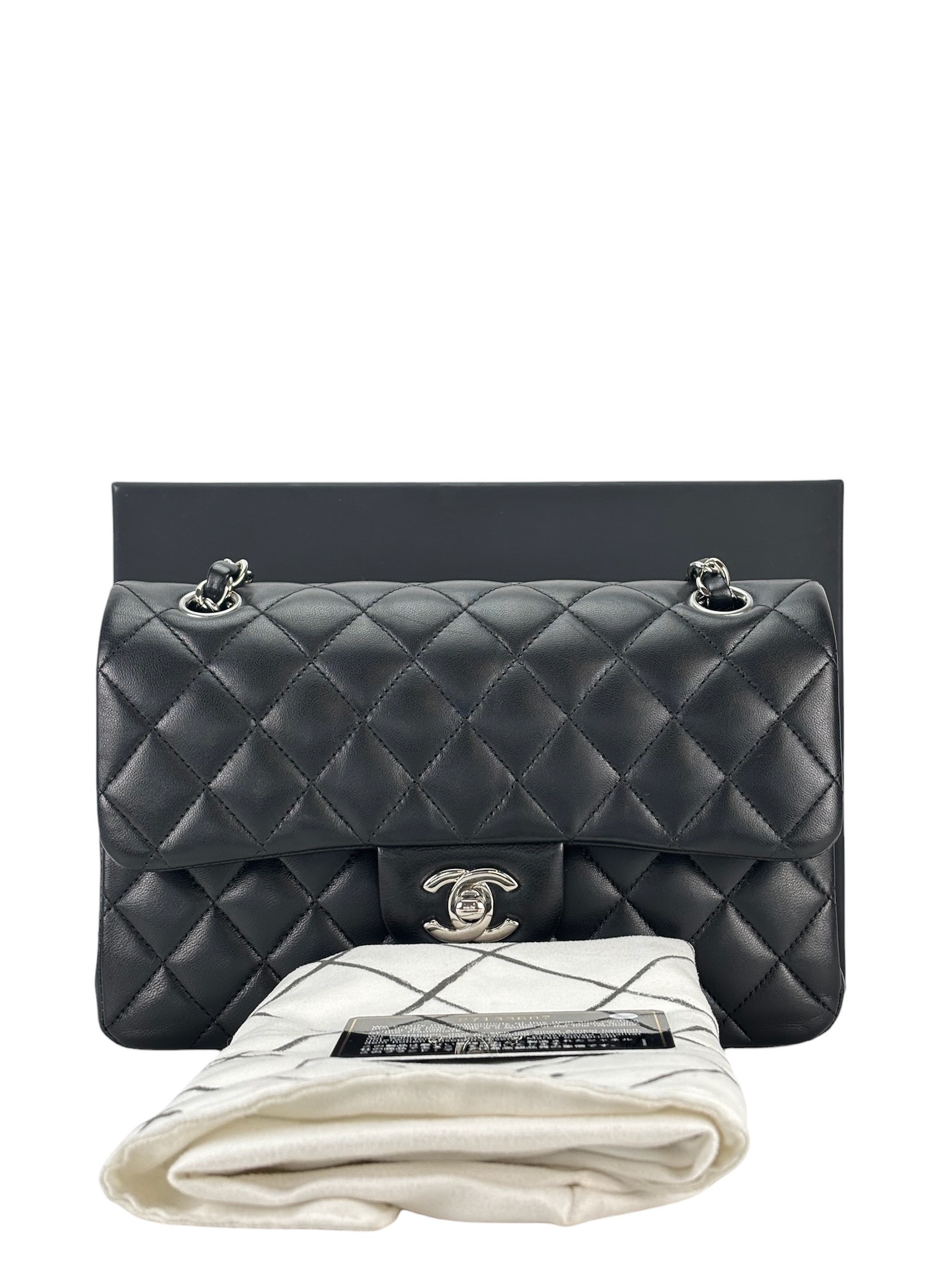CHANEL - Small Classic Double Flap Bag Black Lambskin Sliver Hardware (CF23)
