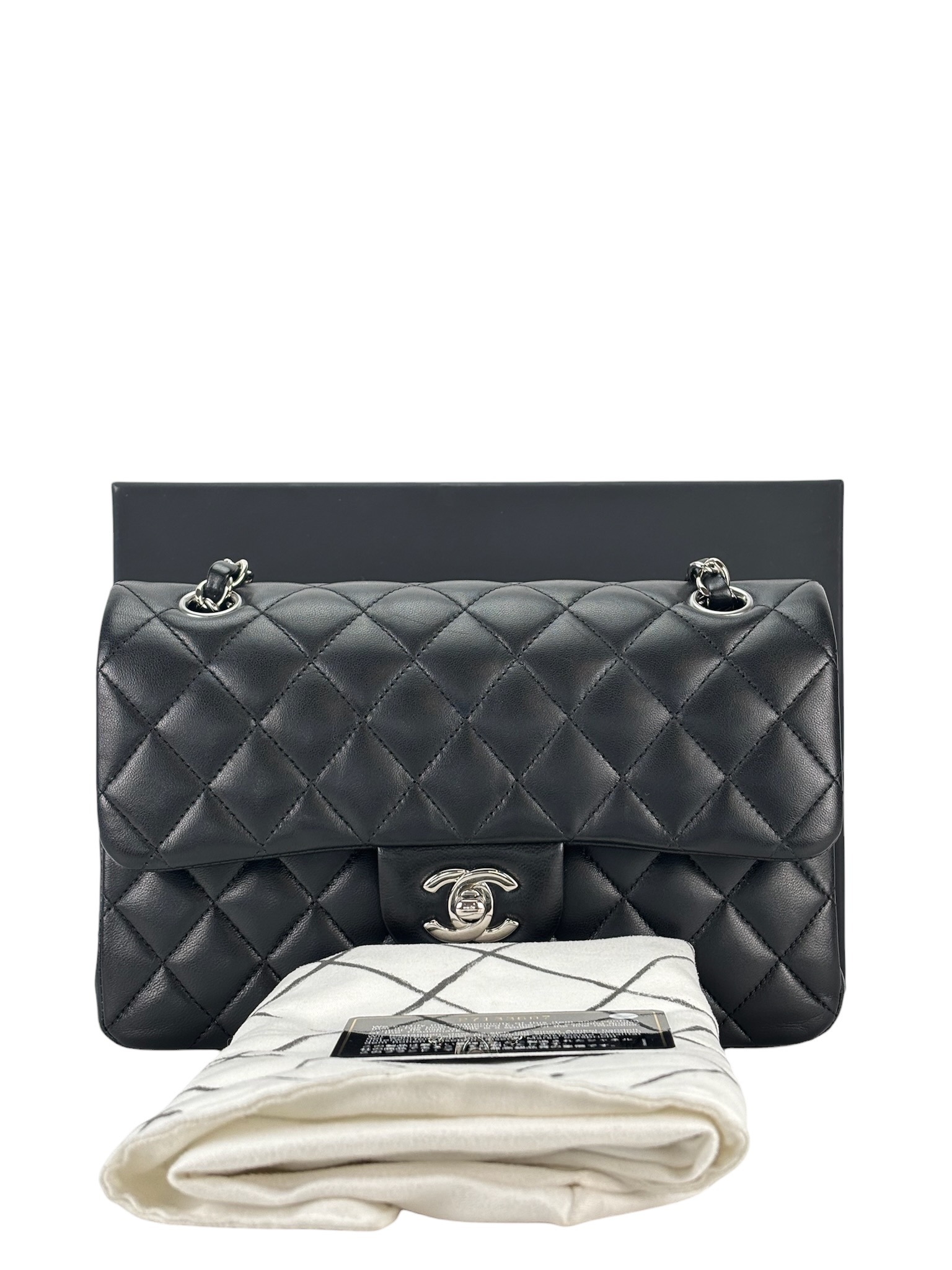 CHANEL - Small Classic Double Flap Bag Black Lambskin Sliver Hardware (CF23)