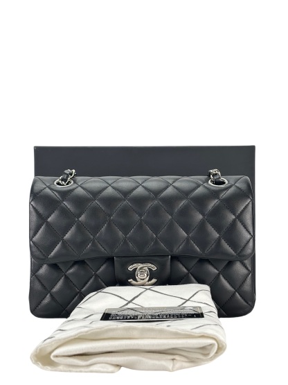 CHANEL - Small Classic Double Flap Bag Black Lambskin Sliver Hardware (CF23)