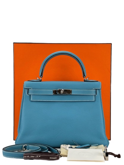 HERMES - Kelly 28 Bleu Jean Togo Palladium Hardware   
